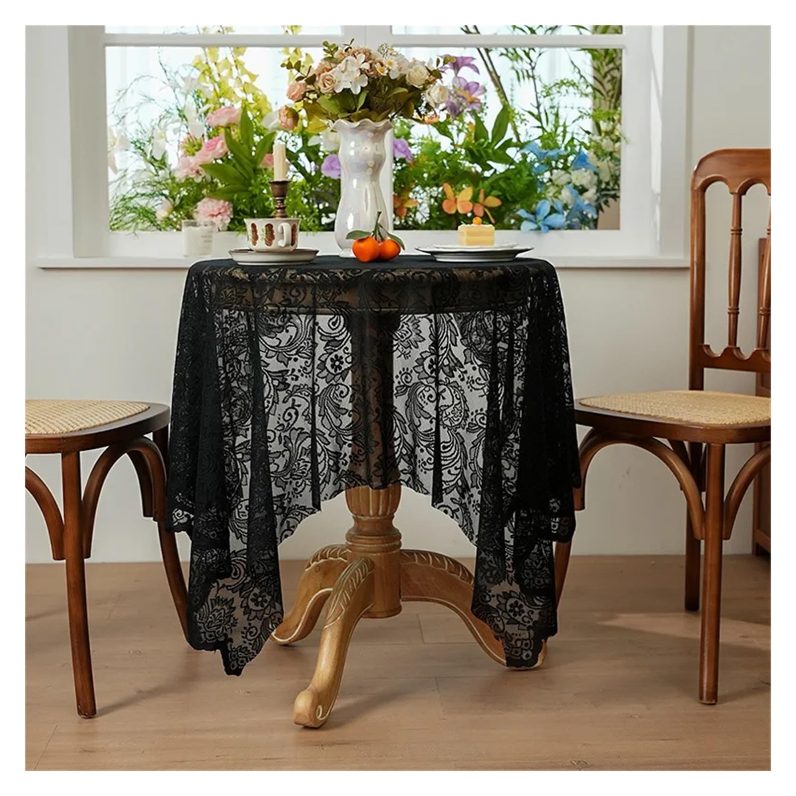 VIOLDHHJK Lace Tablecloth Phoenix Tail Flower Lace Tablecloth Rectangular Vintage Embroidered Hollow Tea Table Cloth Cover For Round Decor(Black,140x180cm)