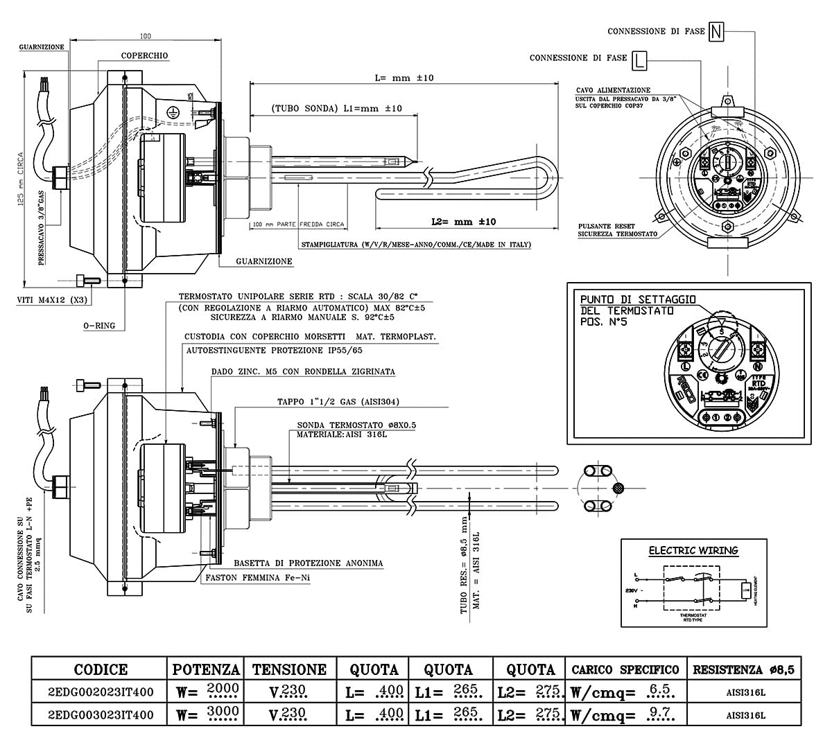 Resistenza elettrica corazzata 3 kW monofase con termostato a riarmo manuale regolabile fino a 82°C, 230 V