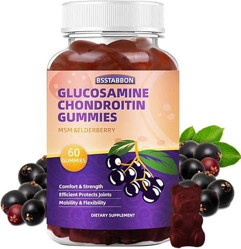 Gomitas de condroitina de glucosamina con suplemento MSM de saúco para hombres y mujeres, 60 gomitas..