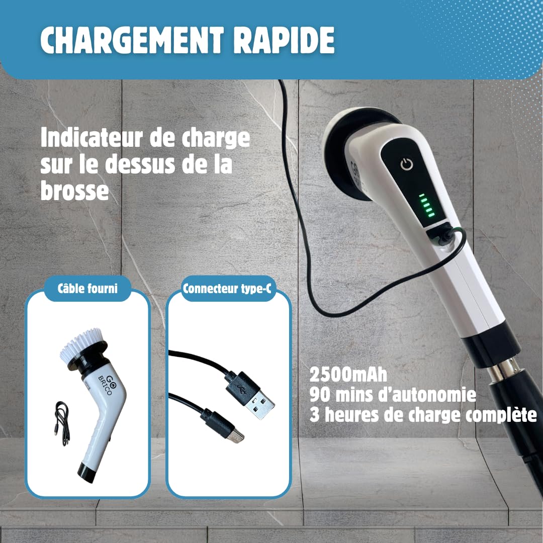 Brosse de Nettoyage Électrique [Go-Brico] Puissante Rotative Maison Salle de bain Cuisine Carrelage Sol Voiture Jantes Tapis Moto Bateau - Têtes Interchangeables Vitesse Réglable Batterie Rechargeable