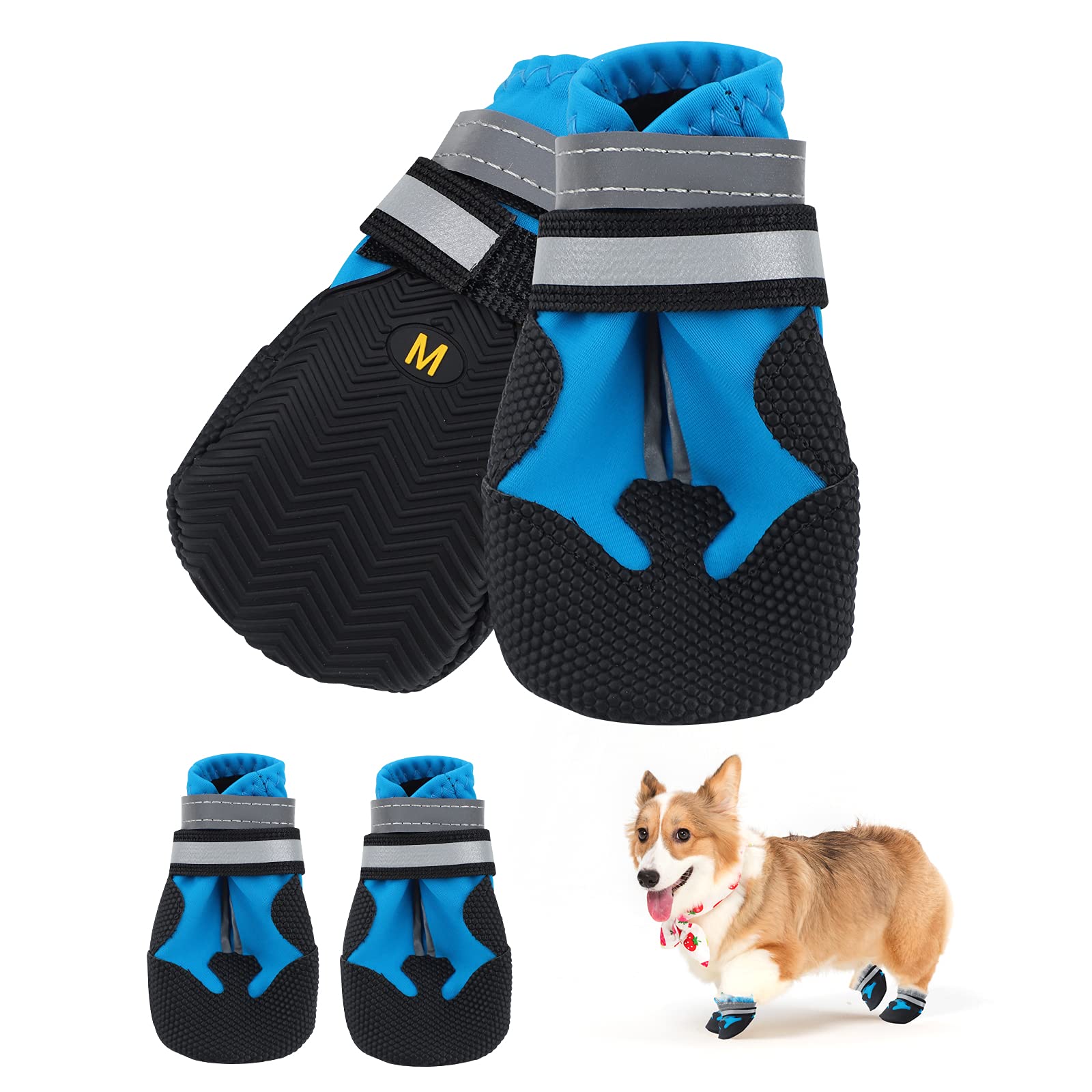 Jodsen Dog Boots, Set of 4 Waterproof Dog Shoes with Reflective Straps Anti-Slip Sole Outdoor Paw Protectors Dog Shoes for Small Medium Dogs Autumn Winter, Blue (M)