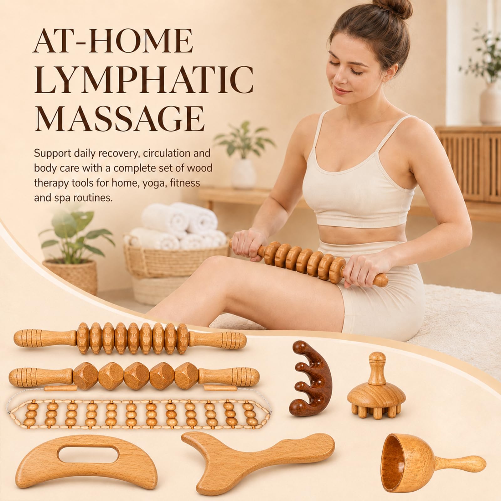 Maderotherapie Set 8 in 1, Holz Massage Set mit Faszienrolle & Faszienstab