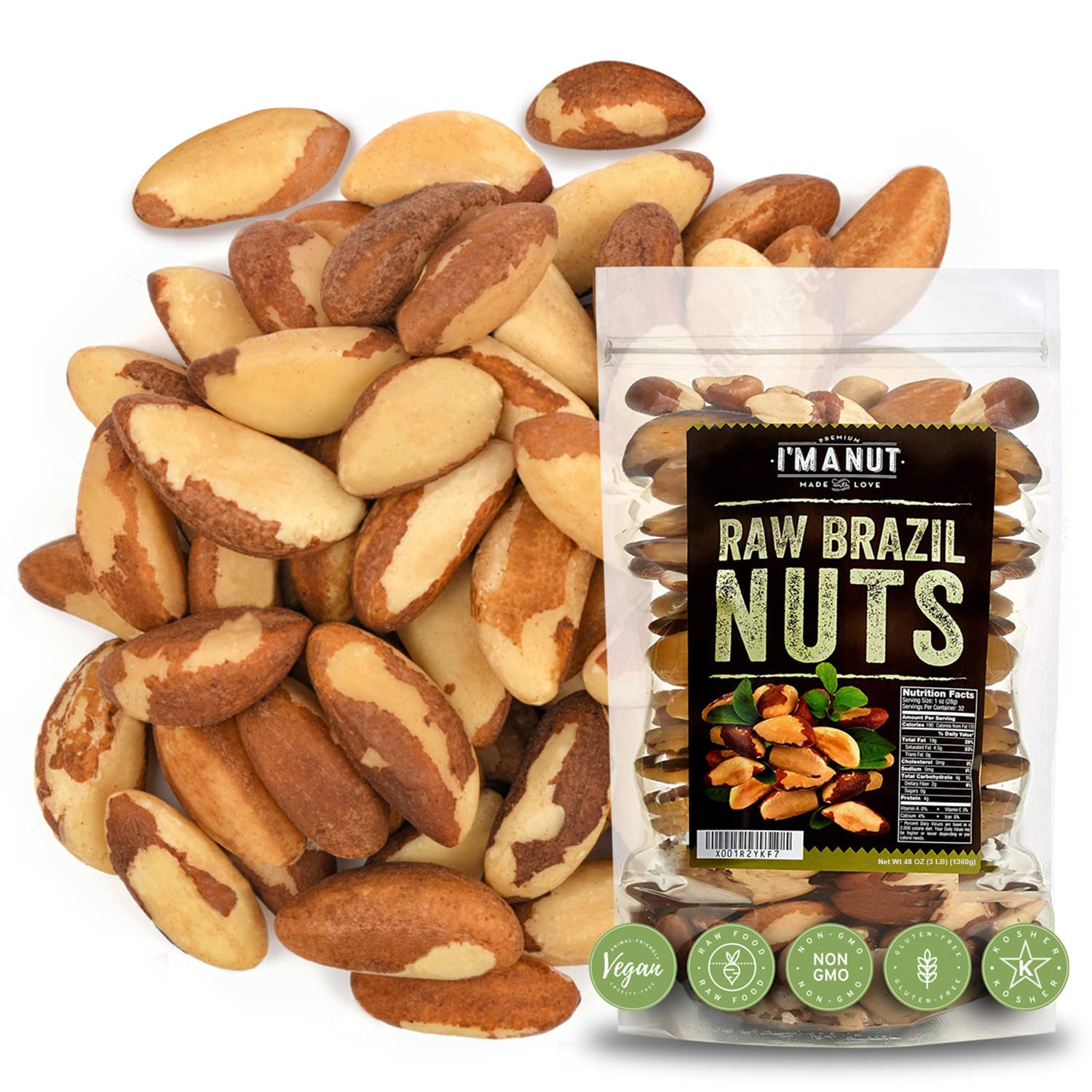 I’m A Nut Brazil Nuts, Raw, 48 oz (3 Lb) | Distinct and Superior to Organic | No PPO | Non GMO | Batch Tested Gluten & Peanut Free | Vegan and Keto Friendly | Large, Fresh and Reasealable bag