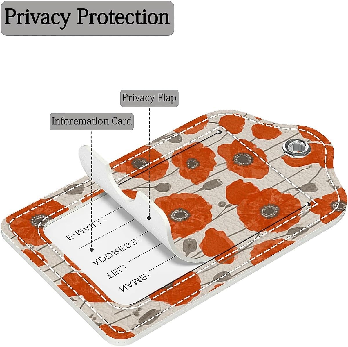 Luggage Tags,Vintage Orange Floral Design, Double-Sided Privacy Cover ID Labels with Stainless Steel Loop and Address Card for Travel Bag Suitcase image 2
