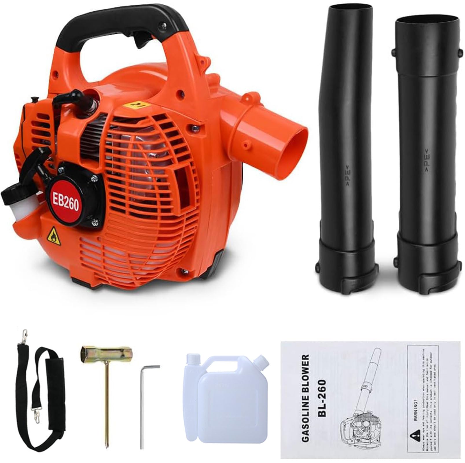 26cc Petrol Leaf Blower, 2-Stroke Handheld & Adjustable Shoulder-Strap Design with 2 Extension Tubes, High Power for Clearing Heavy Leaves, Garden Debris, Dust Snow - Orange