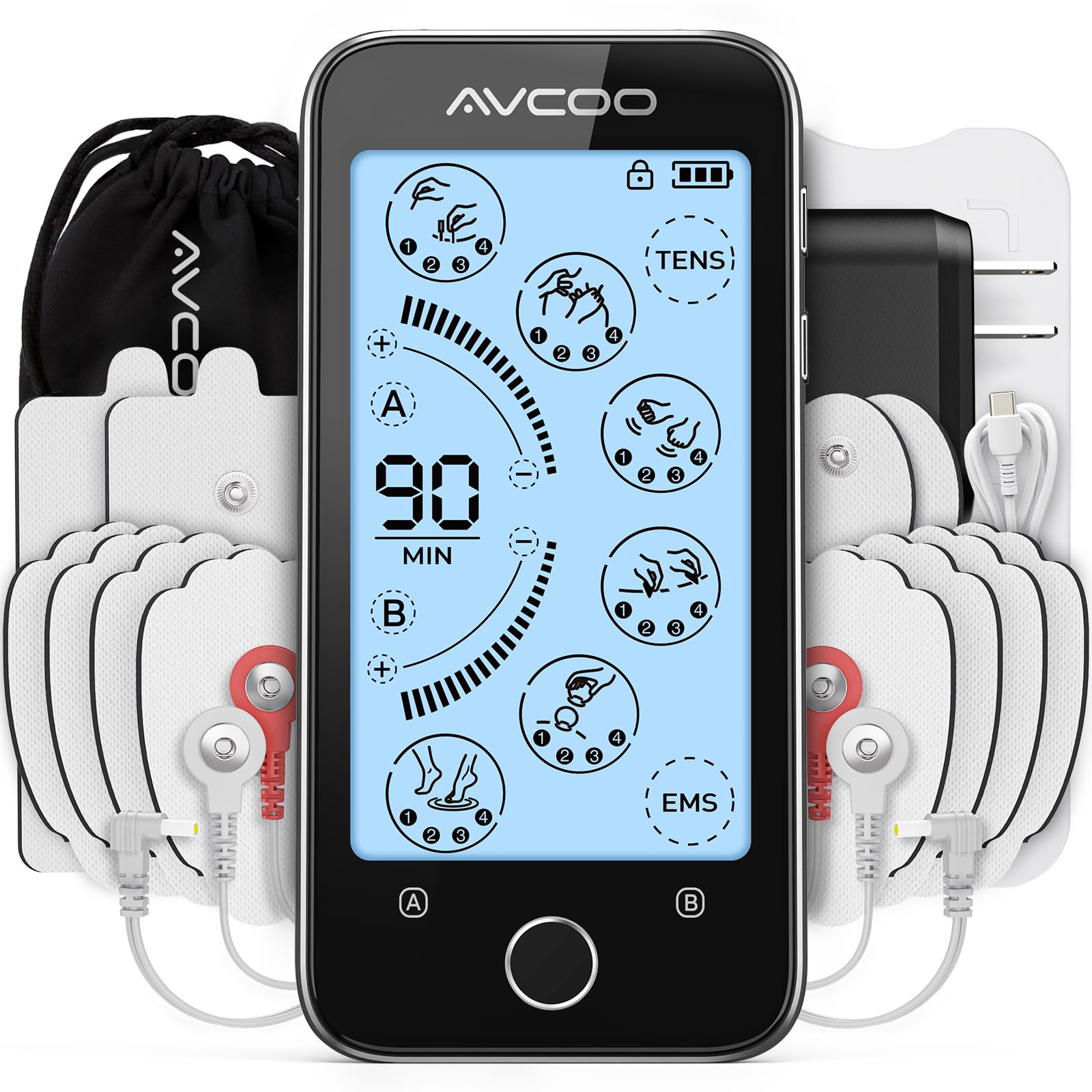 AVCOO Large Touchscreen TENS Unit Muscle Stimulator for Back Pain Relief, TENS Machine with 24 Modes & 20 Levels, Dual-Channel Stim Machine with Rechargeable Battery for 40 Hour-Usage, 12 TENS Pads