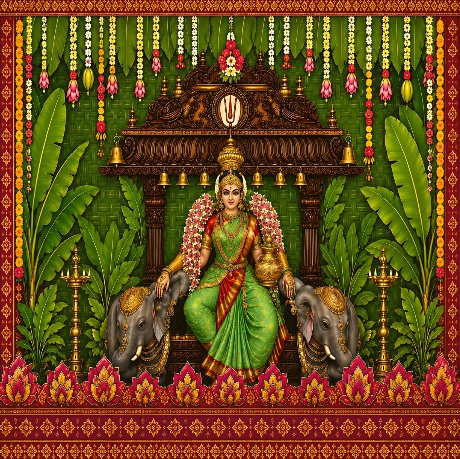 Image of Lakshmi Devi Backdrop Cloth for Decoration | Goddess Lakshmi Devi Blessing with Elephants, Bells on Coconut Leaves Background Decoration Cloth 8x8 feet | varalakshmi Pooja Backdrop