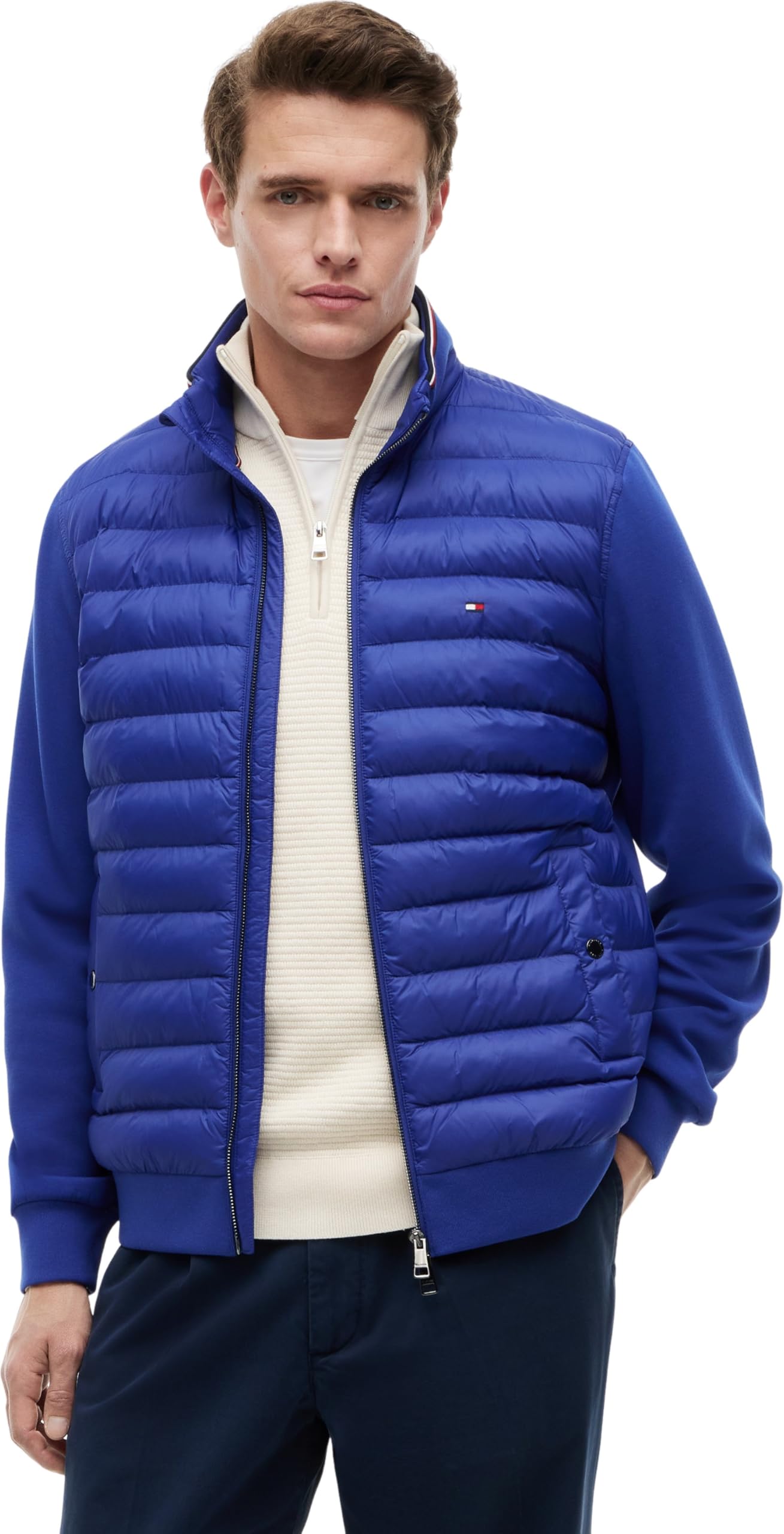 Tommy Hilfiger Herren Sweatshirt mit Reißverschluss Mix Media Stand Collar Steppjacke, Blau (Pigment Blue), M