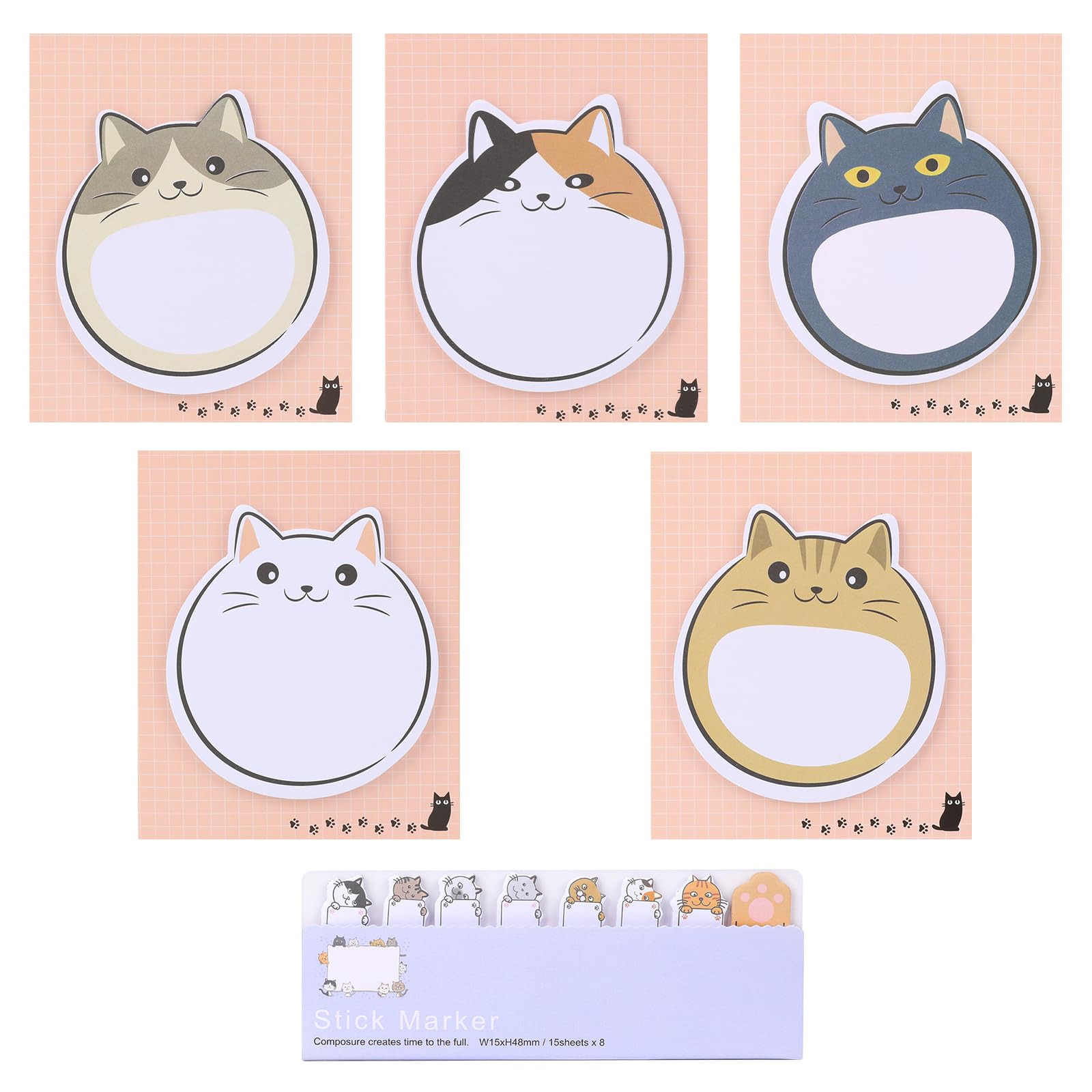 5 Pcs Cat Theme Sticky Notes,300 Sheets Kawaii Sticky Note Pads Cute Animal Sticky Notes Pads Note Page Index Tabs Self-Stick Cartoon Sticky Note Pad for Cat Lovers Office School Creative Gifts