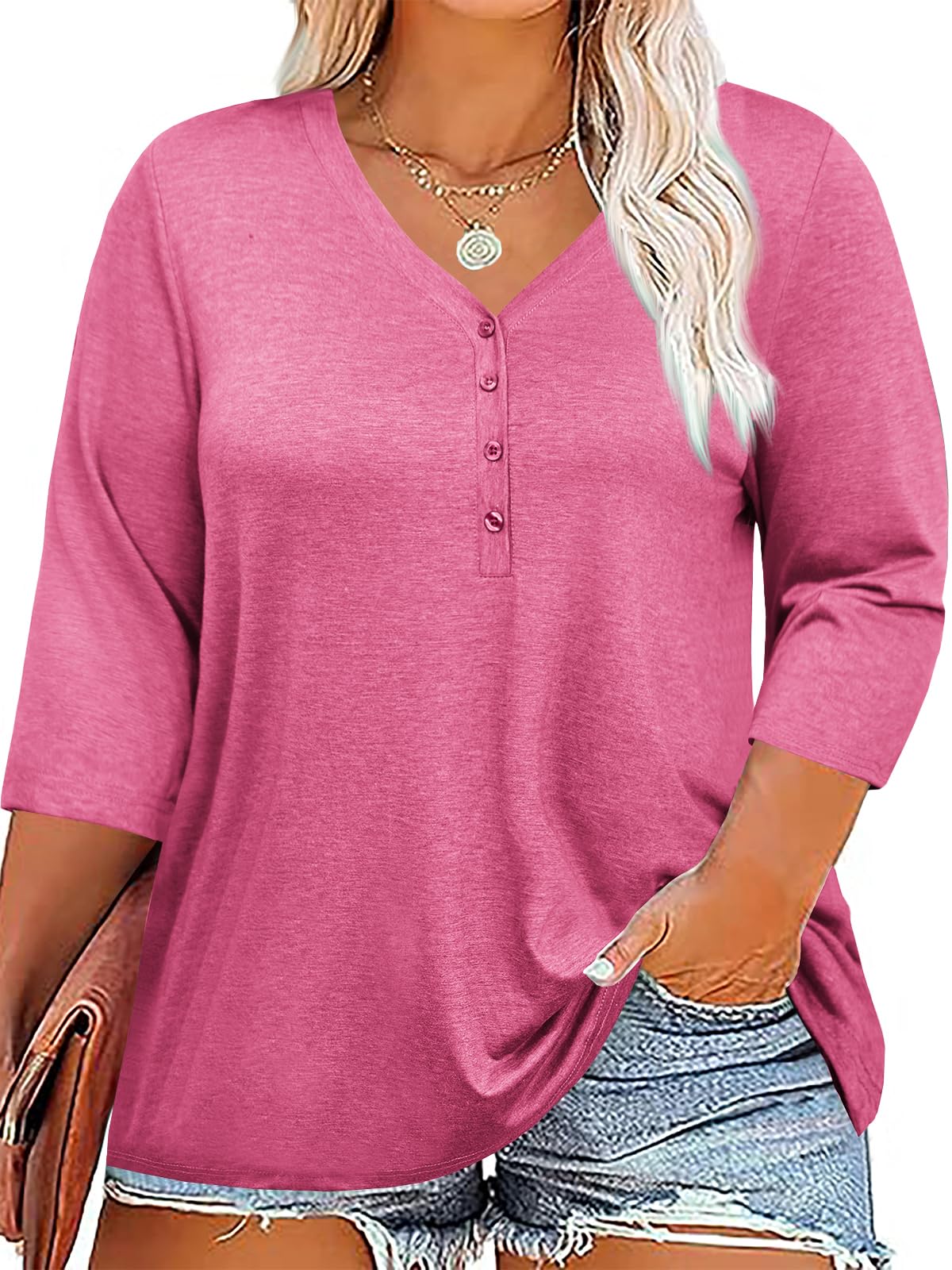 Women Plus Size T Shirts V Neck 3/4 Sleeve Casual Tunic Tees Tops