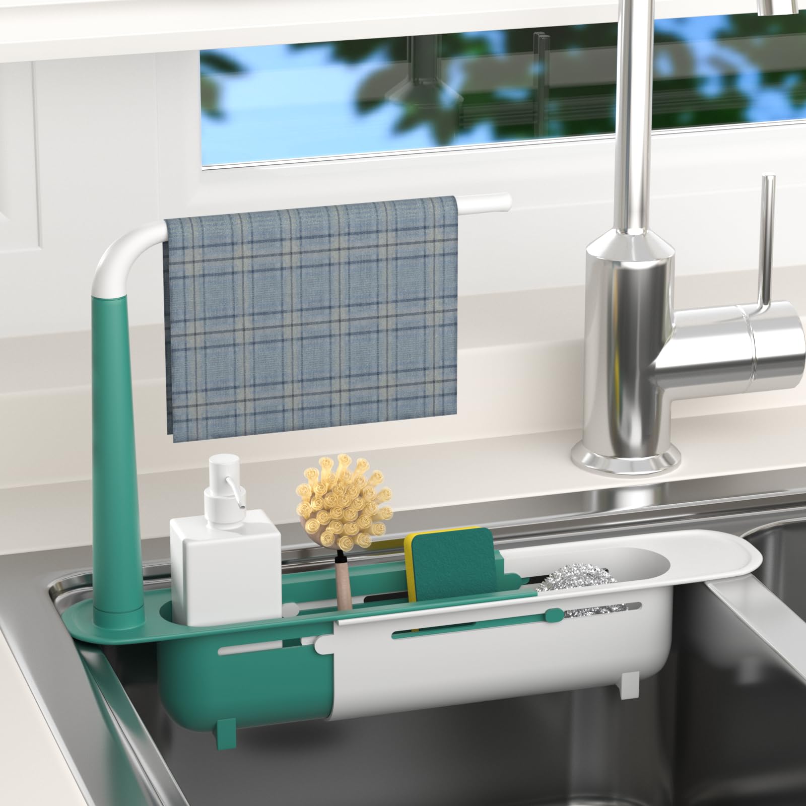 Telescopic Sink Storage Rack Adjustable with 2 Sponge - Sink Caddy Sponge Holder for kitchen sink Green