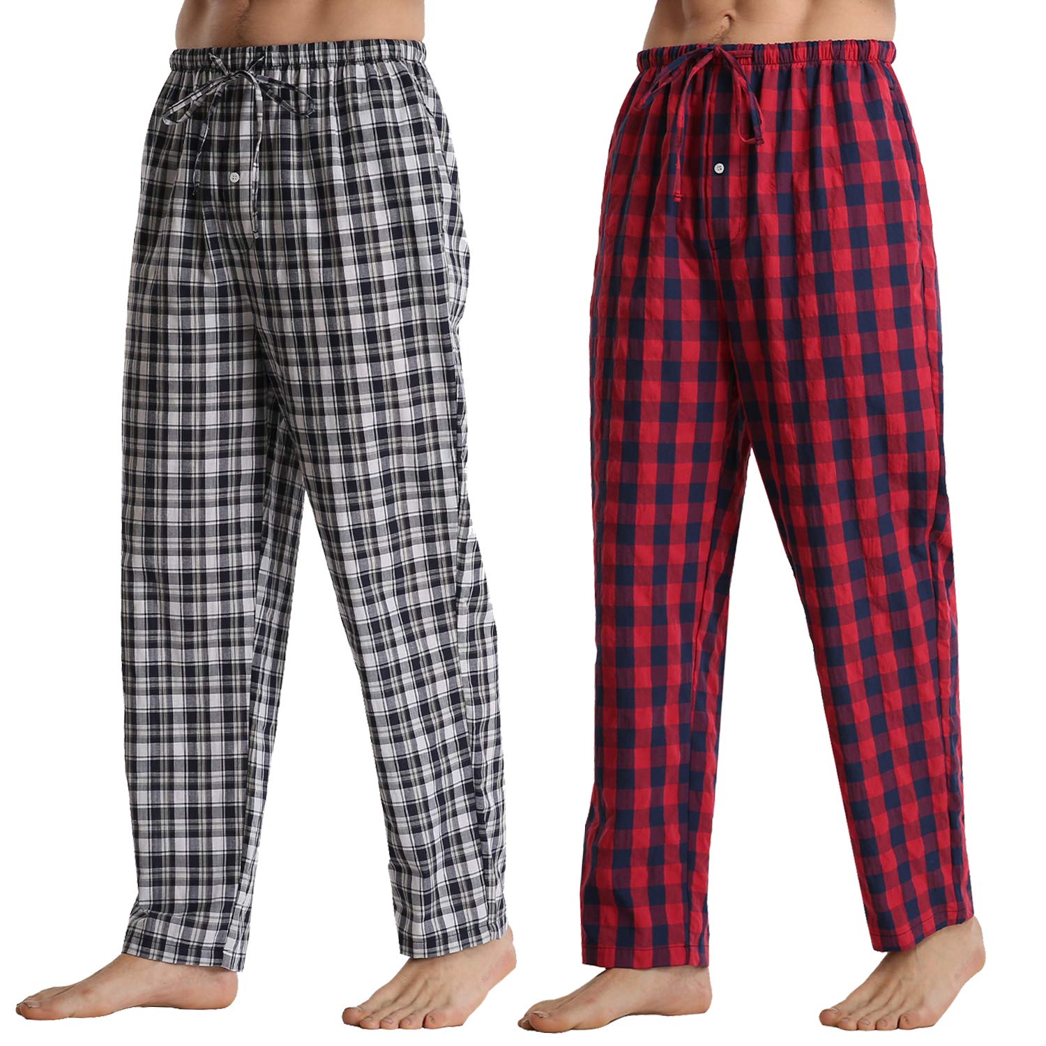 Yushow Men's Navy Blue Checked+Red Checked 2 Pack Pyjama Bottoms Cotton Plaid Lounge Pants With Pockets Comfy Woven Checked Pjs Trousers Loungewear Nightwear