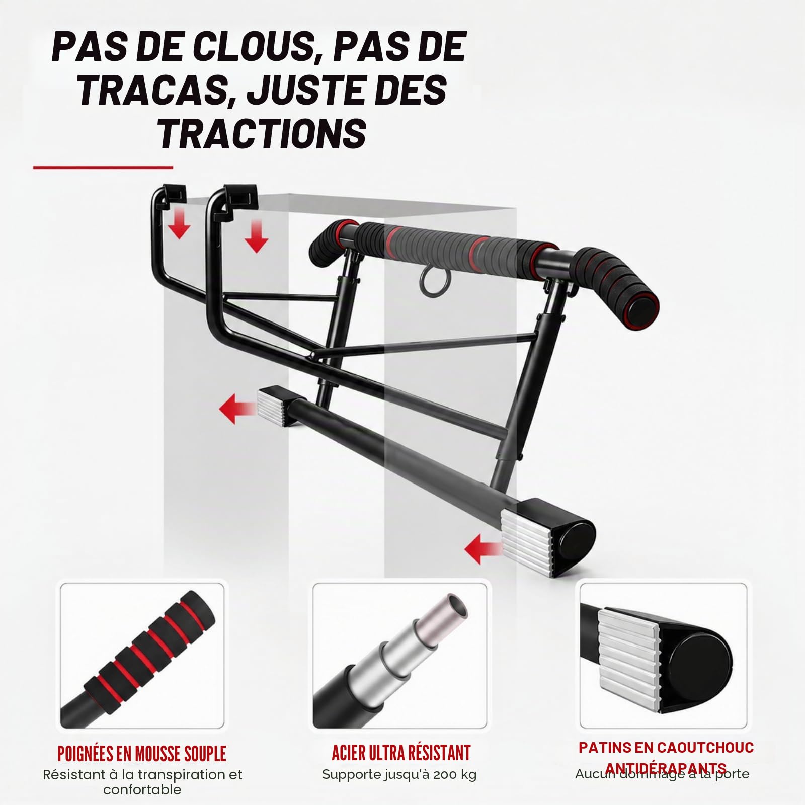 Barre de Traction Porte sans Perçage, Pull Up Bar avec Multi-Prises, Idéale pour Maison & Home Gym Bar de Traction