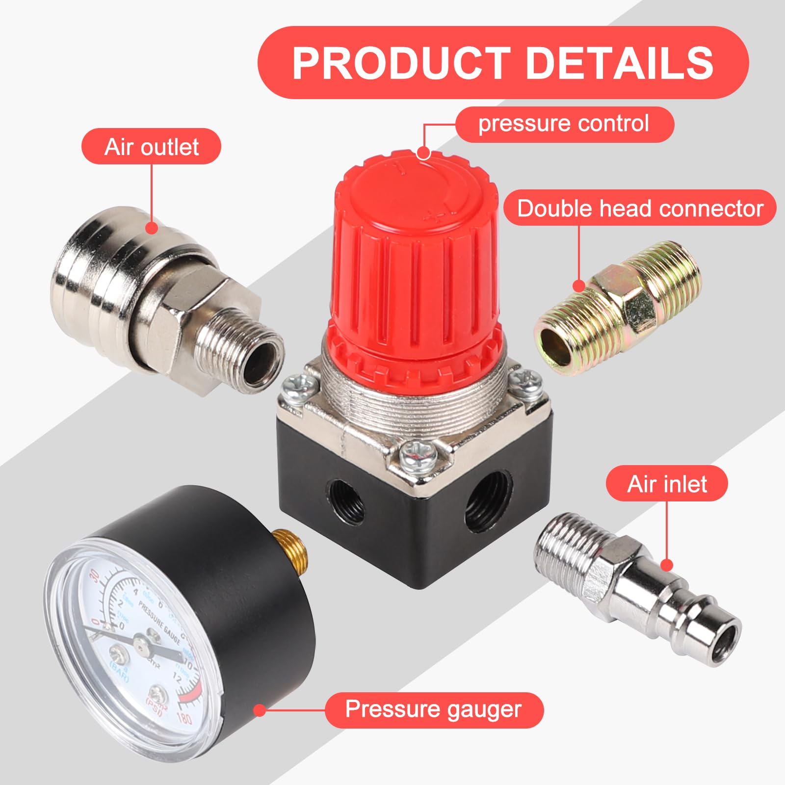 CPROSP Pressure Regulator Compressed Air 1/4 Inch 4 Holes with Teflon Tape and Pressure Gauge - Image 2