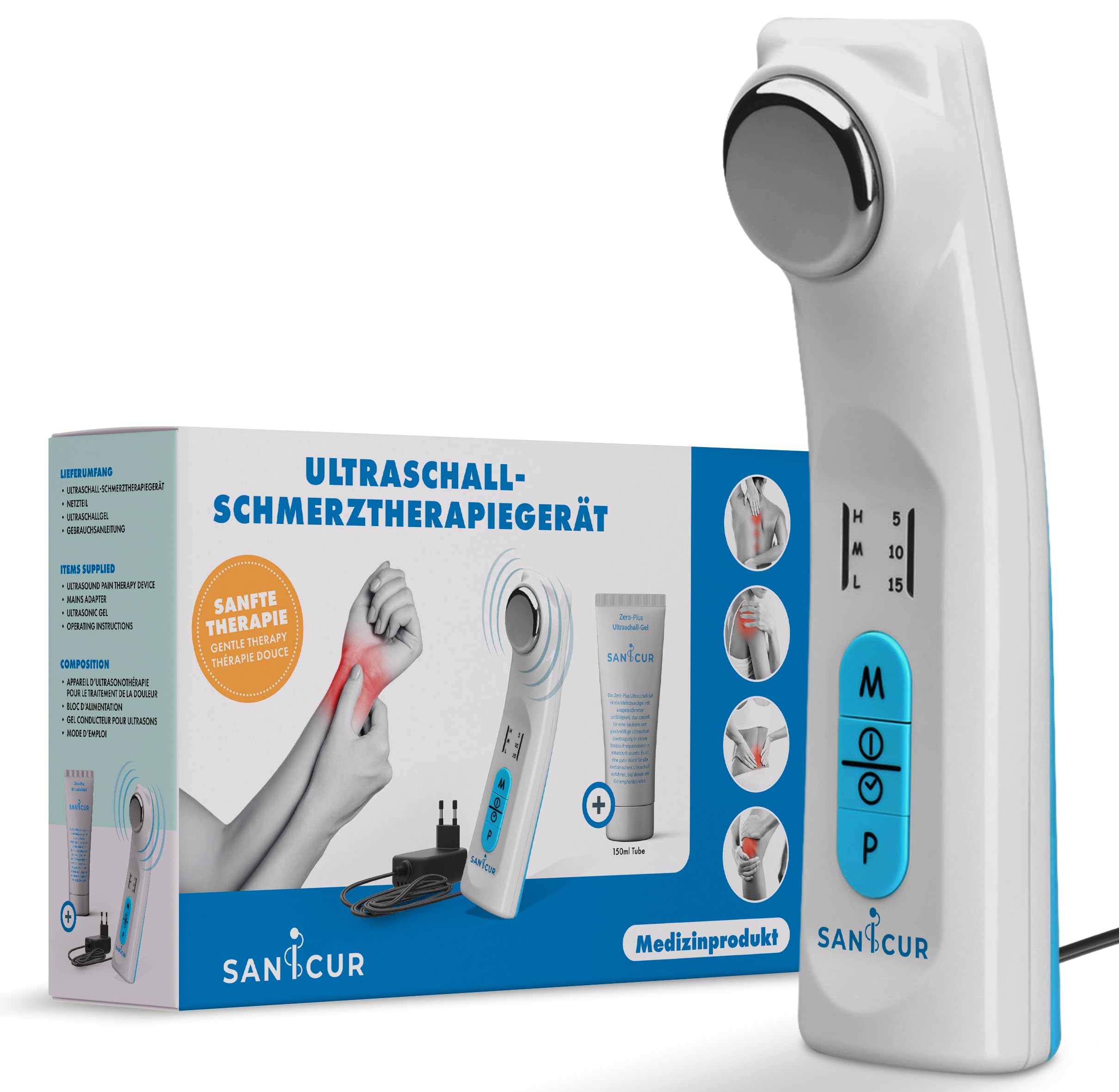 Dispositivo per la terapia del dolore ad ultrasuoni, dispositivo medico certificato, efficace per dolori muscolari, artrosi, stiramenti e tensioni, gel ultrasonico da 150 ml, 3 livelli di