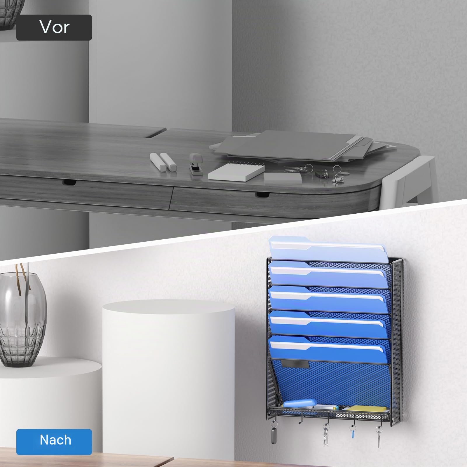 OUTWOLF 6 Ebenen Metall A4 Zeitschriftenhalter Wand Wandhalter Hängend, Aktenablage Dokumentenhalter Magazin Organizer, Flyerständer Prospektspender für Büro mit Haken, Schwarz