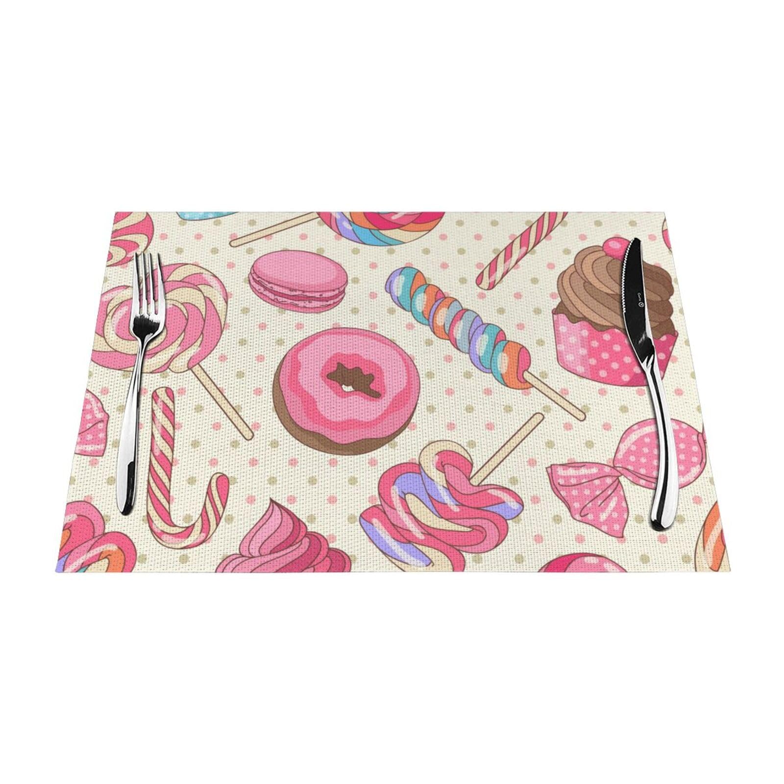 PVC Placemat Set of 6 PCS, 45x30 CM, Colorful Sweet Lollipop Cupcake Donut Printed Non-Slip Heat Resistant Place Mats for Kitchen Dining Table Indoor Outdoor