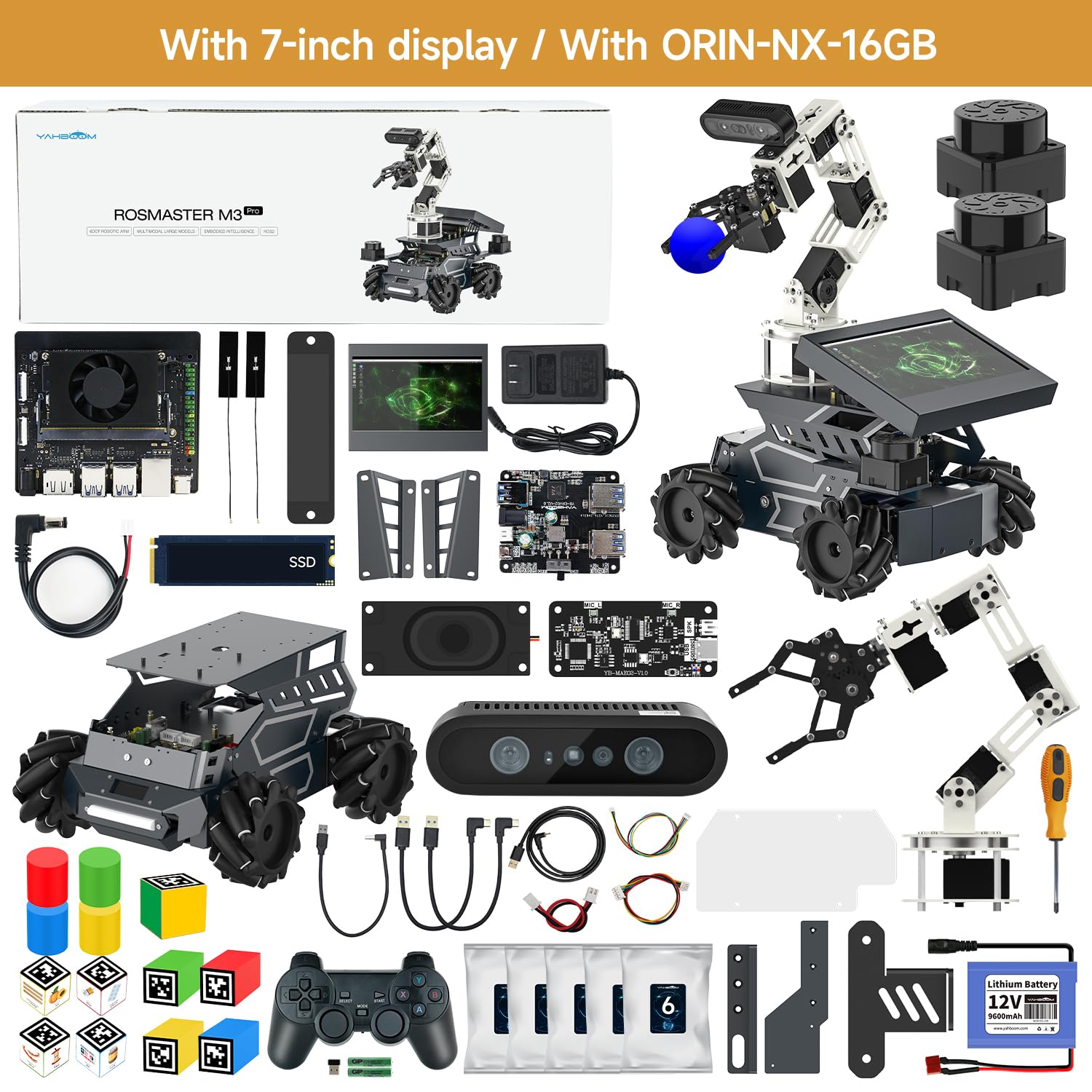 Yahboom ROS2 AI Voice-Controlled Robot Car, Equipped with Depth Camera and Robotic Arm Capable of 3D Grasping Objects,includes Touch Screen, Robotics Programming Project（with DP Ver Orin NX 16GB）