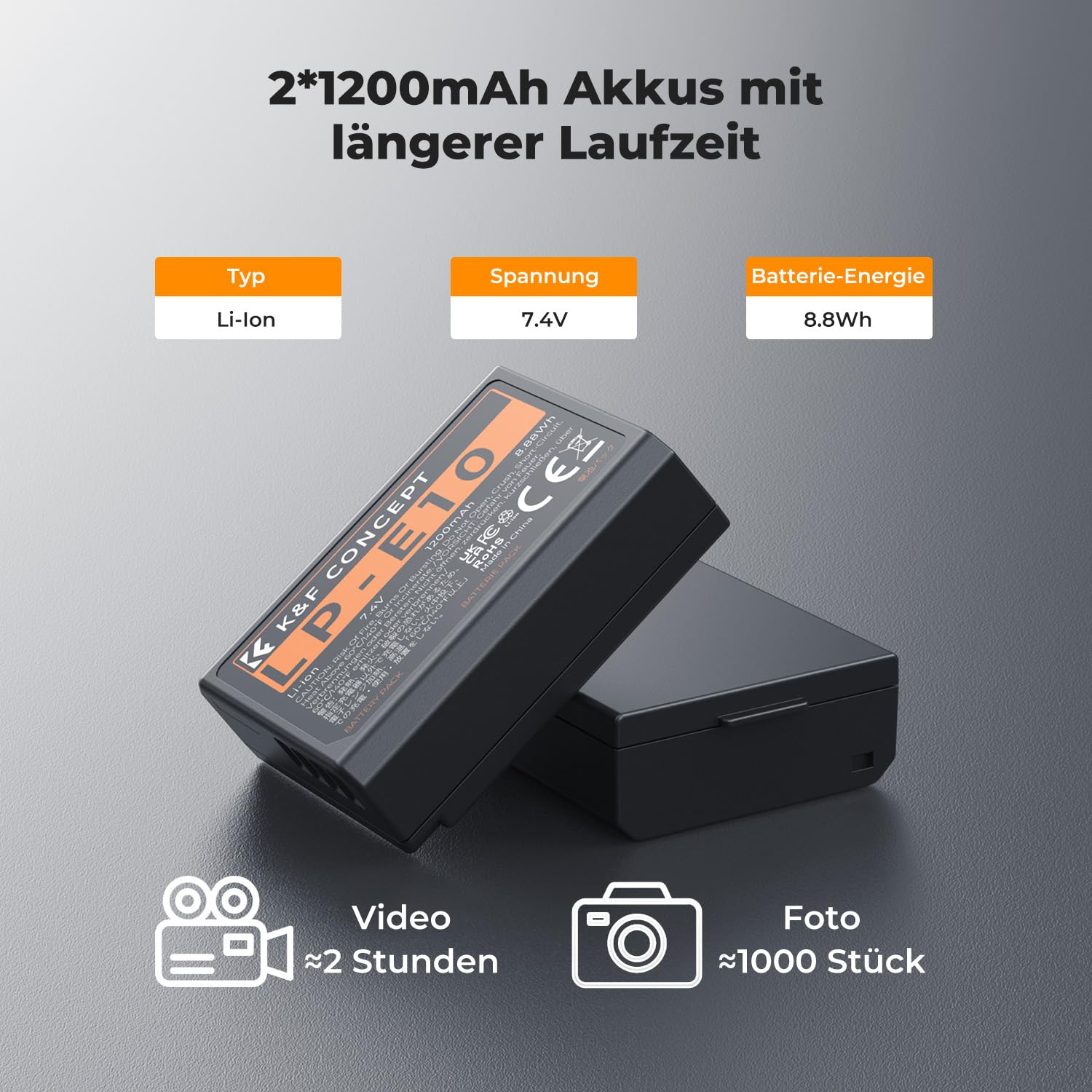 K&F CONCEPT LP-E10 Akku mit Dual-Slot-Ladegerät, Ersatzakku(2×12000mAh) kompatibel mit Canon 1100D, 1200D, 1300D, 1500D, 2000D, 3000D, EOS Kiss X50, X70, X80, X90, Rebel T3, T5, T6, T100