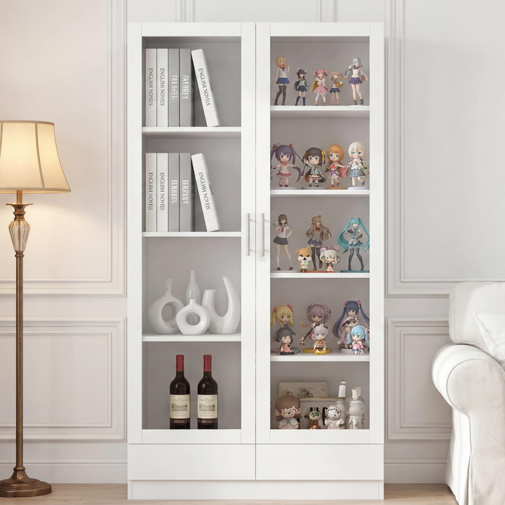 Armadio con ante in vetro, armadietto per documenti, armadietto da ufficio, armadietto alto e armadietto portaoggetti con 2 cassetti, bianco, dimensioni 80 x 40 x 160 cm