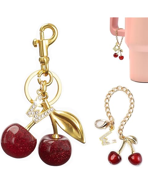 2PC Cherry Keychain Bag Purse Handbag Charms Initial Letter Keychain for Women Girl Cute Key Chain Bling Sparkly