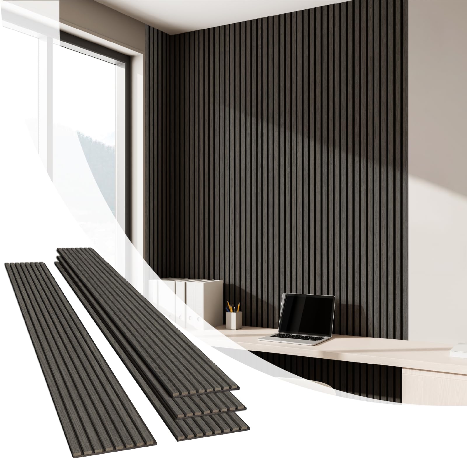 Olanglab Wood Slat Wall Panels 4 Pack, Wooden Acoustic Wall Panels, 94.5"x12.6" Each 3D Wall Panels for Interior Wall Decor (Black-Extendo Trio)