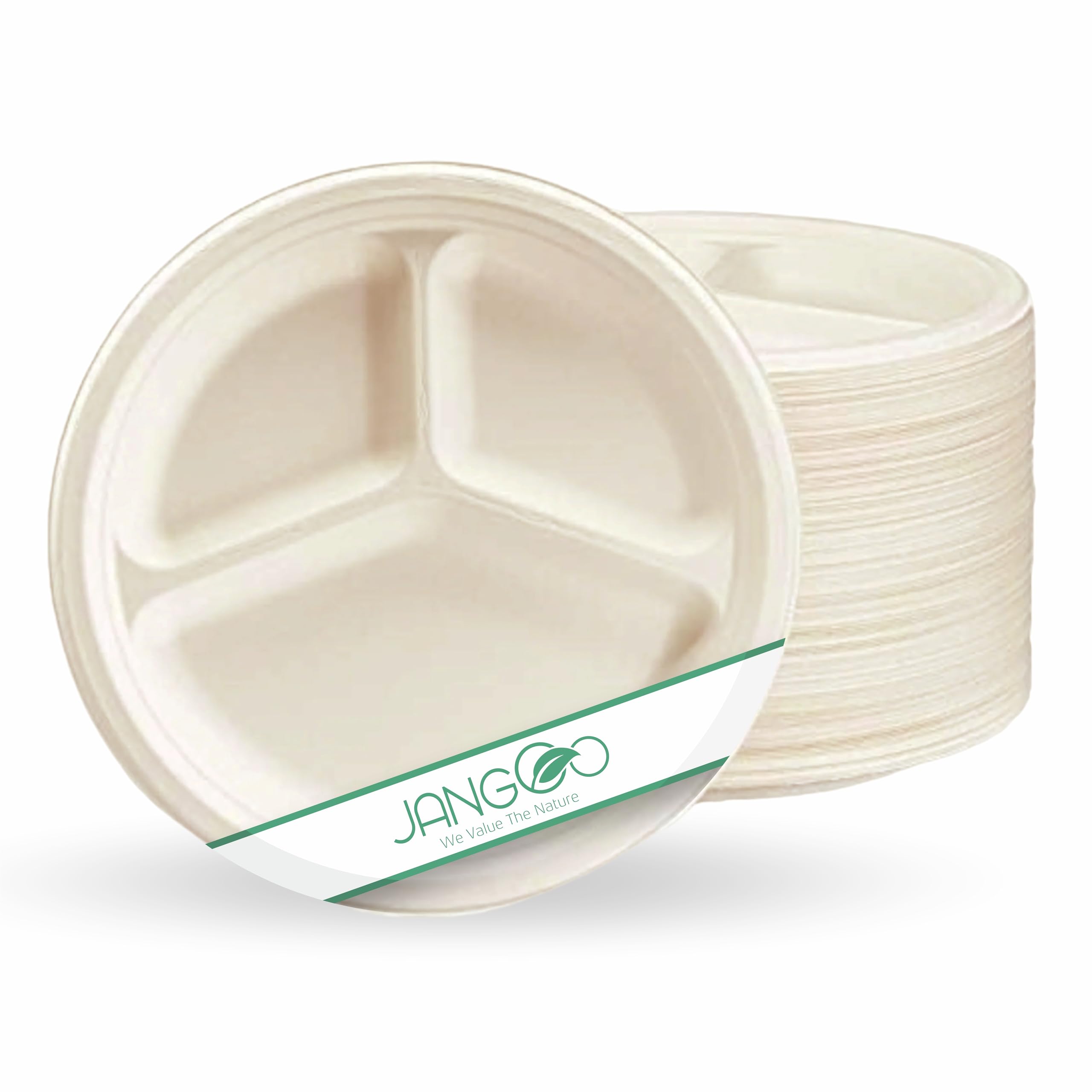 JANGOO Eco-Friendly Recyclable Biodegradable Sugar Cane Bagasse 9 Inches 3 Compartment Plates Natural Color, Party, Picnic, BBQ - 20 Plates