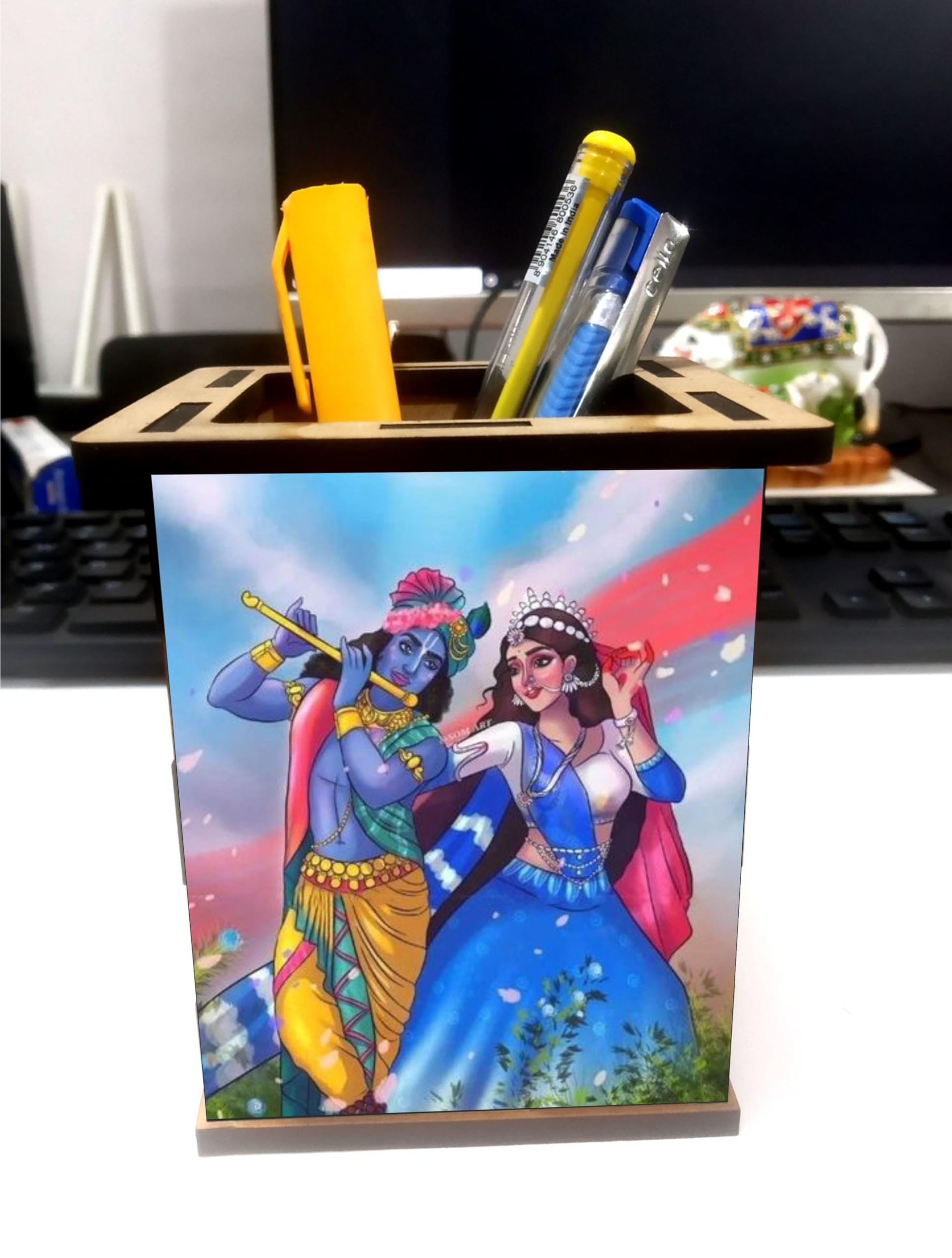 jwalpa Creation Wooden Pen Stand with Hand Painted photo Return Gift Office Stationery Pen Holder, Multicolor Desk Organizer Pen And Pencil Holder (Radhe Krishn pen stand)