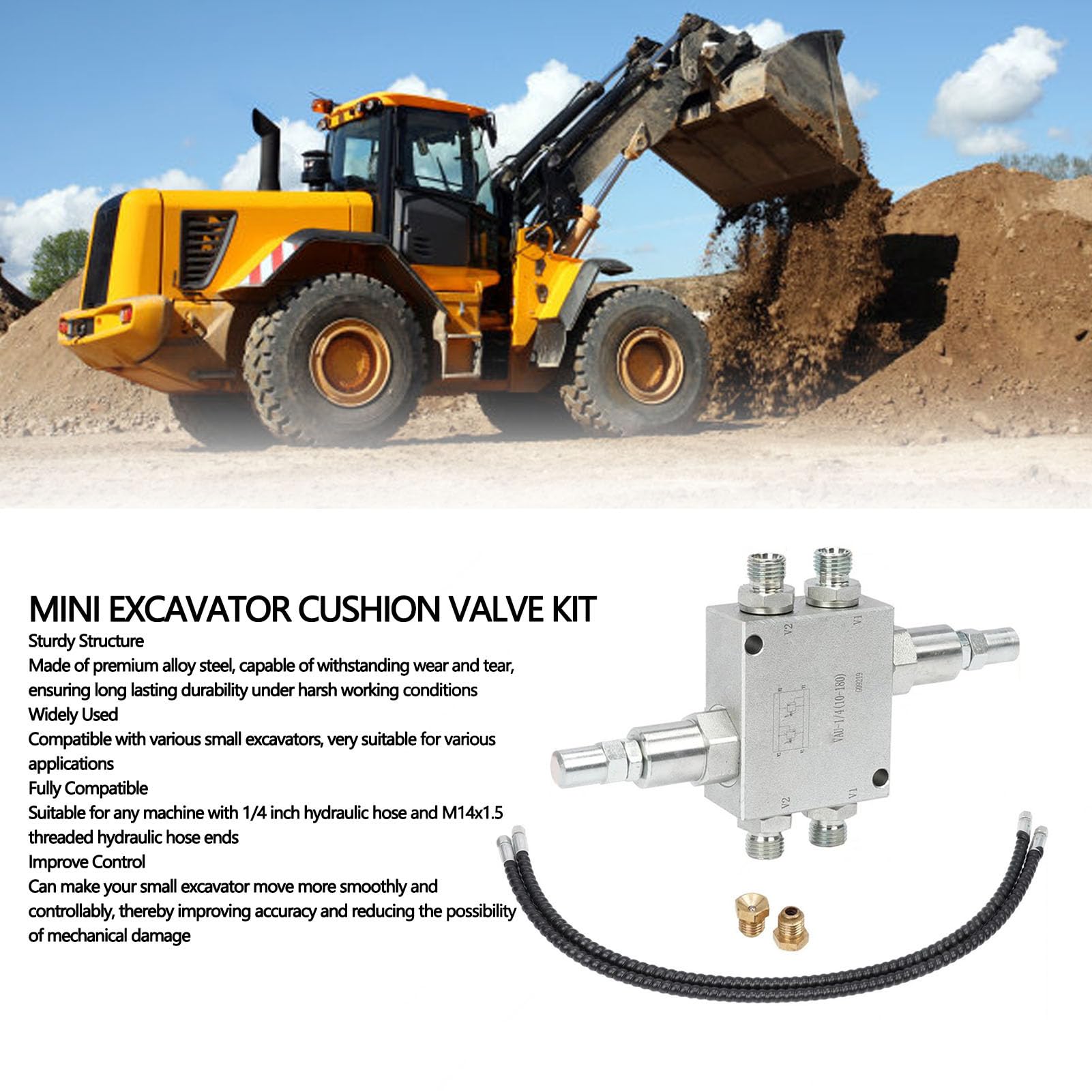 Goshyda Kit de Válvula de Amortiguación de Suave para Miniexcavadora, Junta Roscada M14x1.5 con Manguera Hidráulica de 1/4 de Pulgada, Construcción de Acero de Aleación