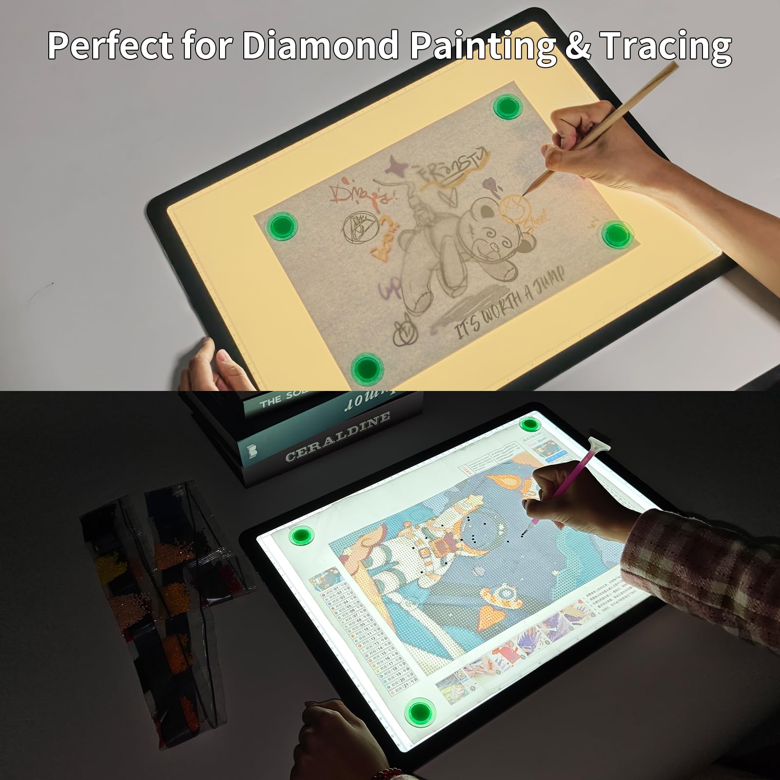 TOHETO A3 Leuchttisch mit Ständer & Tasche für Diamantmalerei, Wiederaufladbares Ultraheller Leuchtkasten zum Zeichnen, Aufladbar Licht Pad zum Nachzeichnen, Kabelloses Lichttafel zum Skizzieren Black