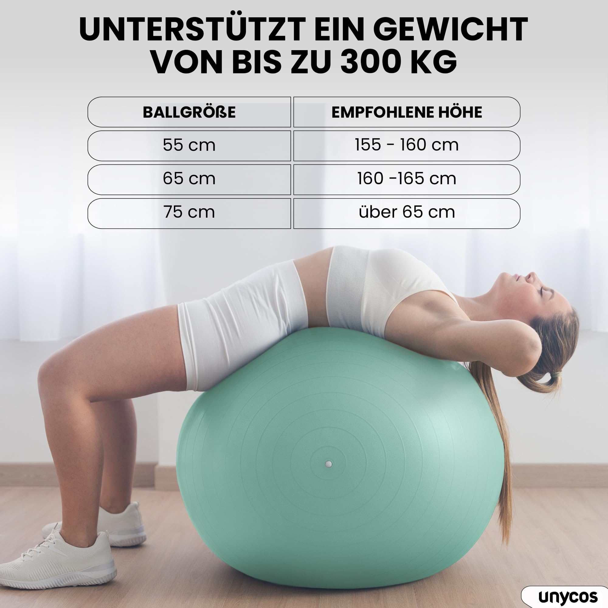 unycos - Gymnastikball 55/65/75 cm Sitzball Trainingsball für Yoga, Fitness, Medizinball, Balance Ball, Core Training Strength, Pilates-Ball | Inkl. Pumpe, BPA-Frei, Anti-Burst