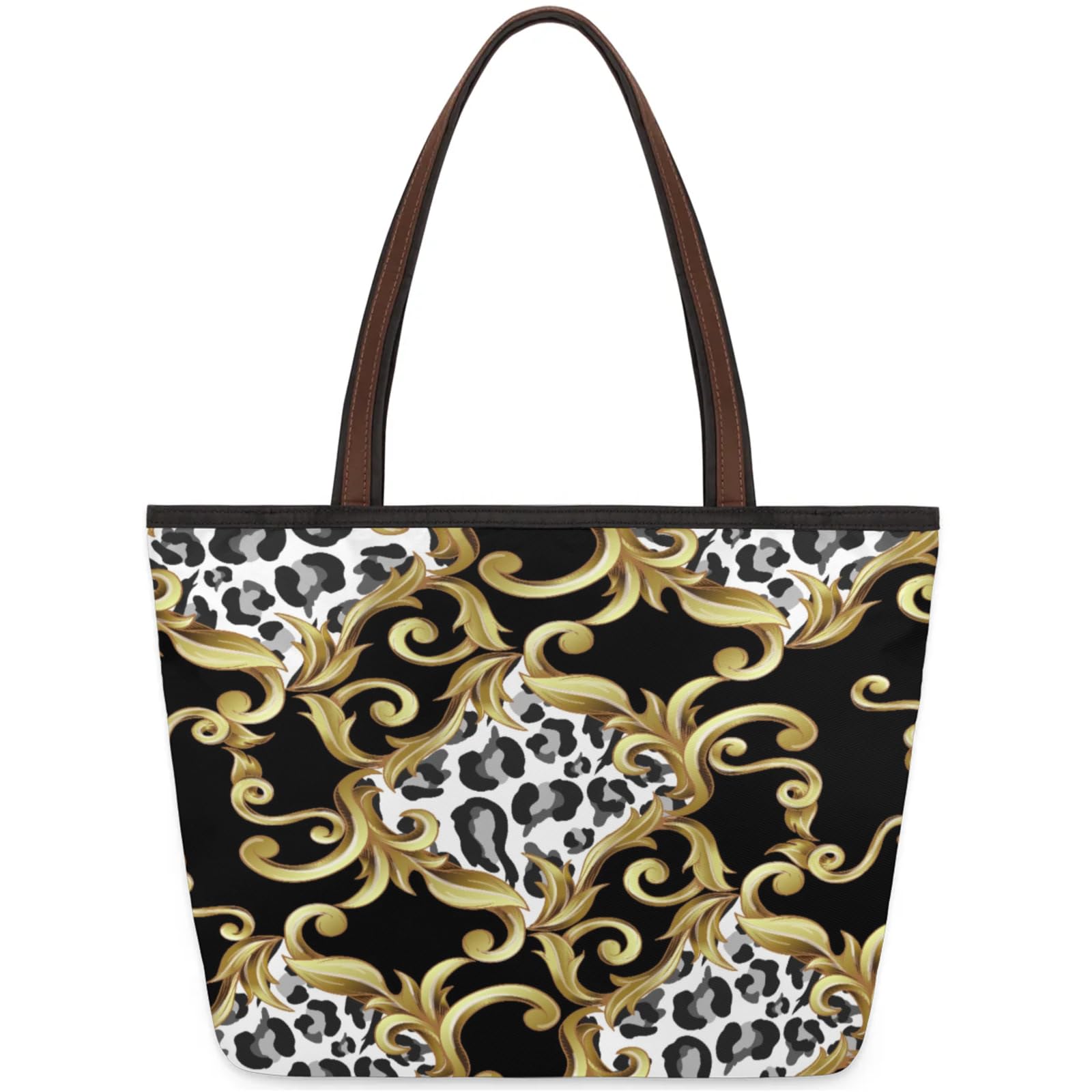 Floral Leopard Tote Bag Multi Pocket Zippered Beach Bag Lightweight Waterproof Handbag for Women Men Work Gym Travel Swimming Yoga Grocery Shopping L