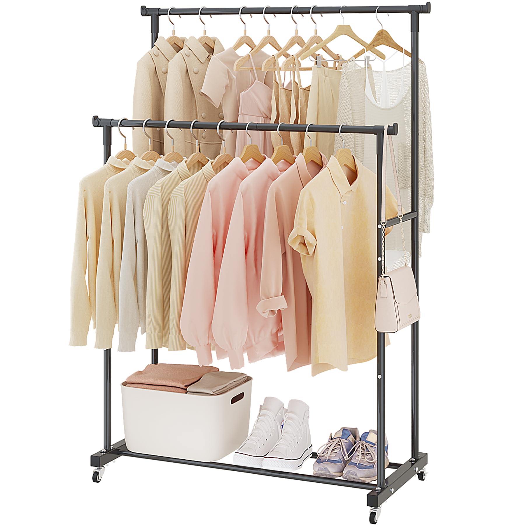 Calmootey Double Rods Clothes Garment Rack, Rolling Clothing Rack for Hanging Clothes, Coat Storage, Organizer for Bedroom, Livingroom, Apartments,