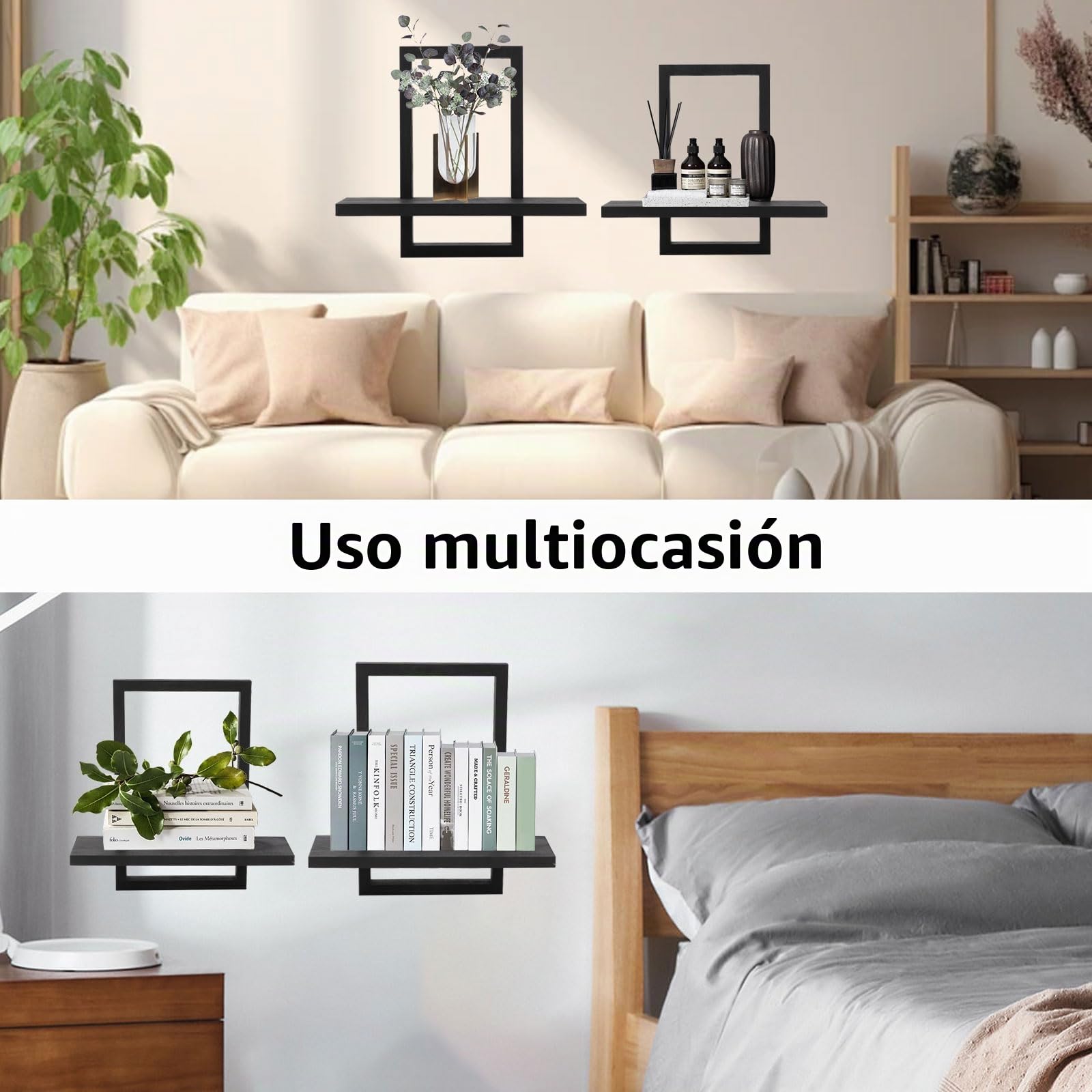 Juego de 2 Estanteria de Pared, Baldas Flotantes Pared, Estantes Flotantes de Madera para Decoración, Estantes Decorativos para Baño, Dormitorio, Oficina, Salón, Cocina, 40x40x12cm, 40x36x12cm, Negra