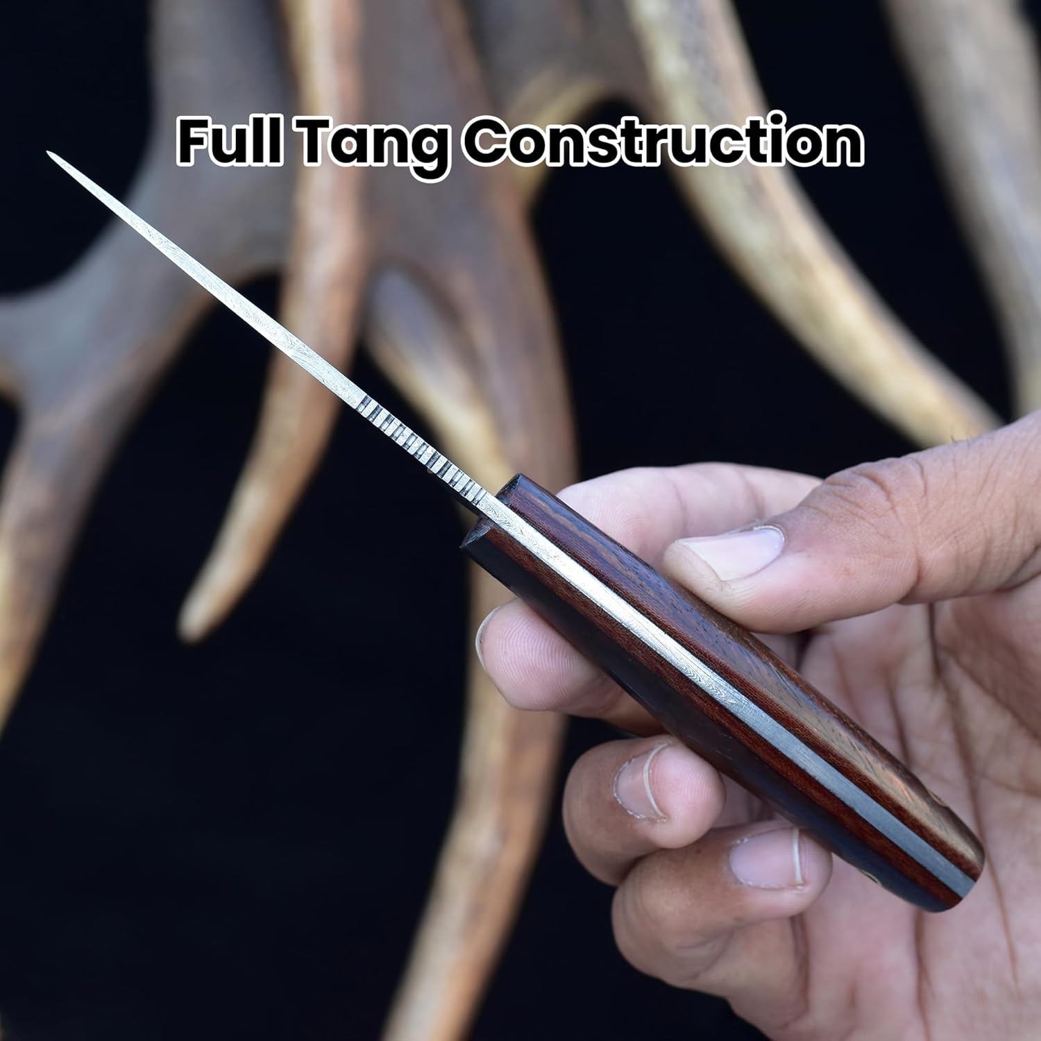 Knives Ranch Fixed Blade EDC with Horizontal Carry Sheath – Small Hunting Knives – Damascus Skinning Knife – Cowboy Knife with Leather Sheath Stabilized Rosewood Handle (3196-IRW)