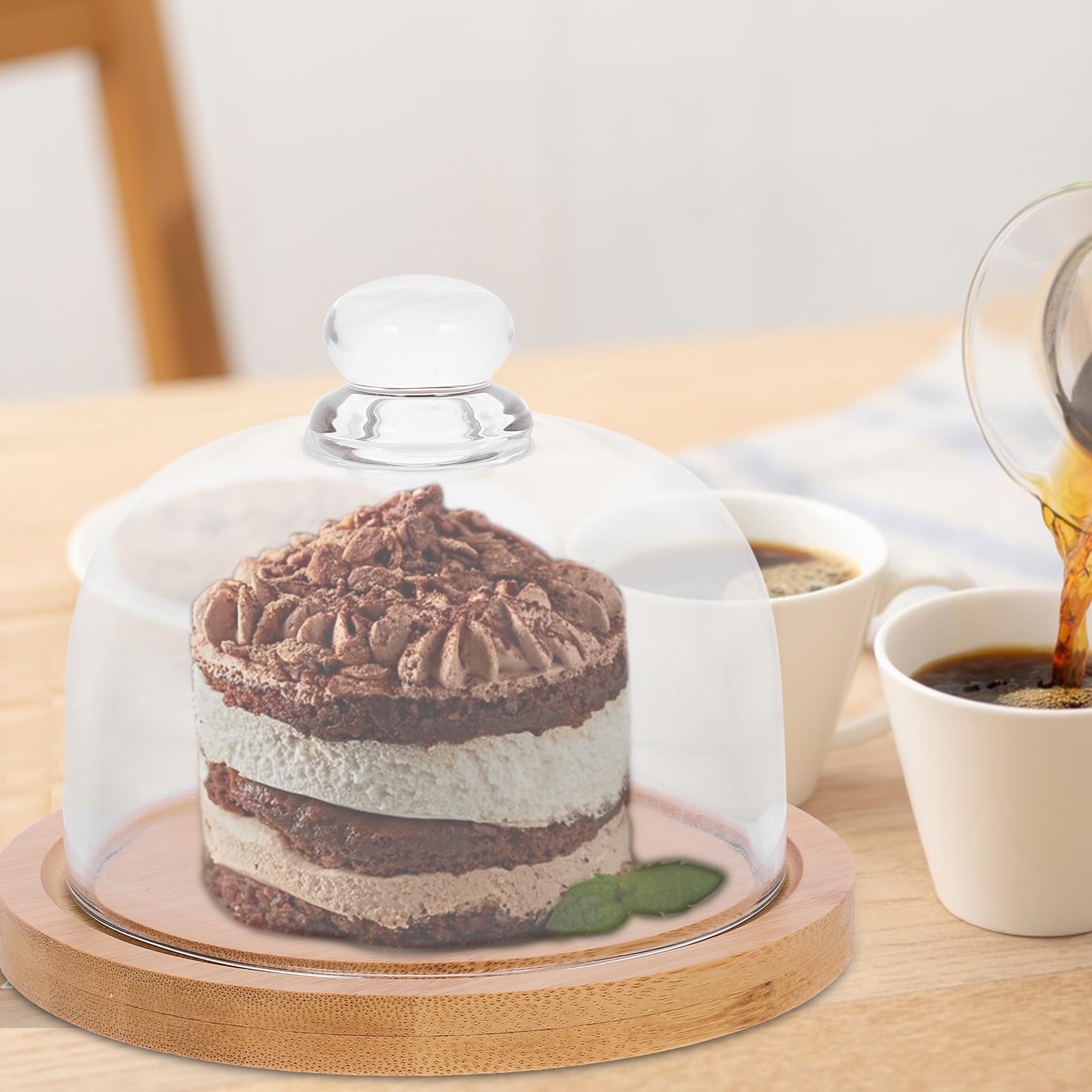 Veemoon Mini Cloche en Verre Base en Bois et Poignée Plateau à Dessert Transparent pour Fromage Bonbons et Fruits pour Dégustation et Présentation
