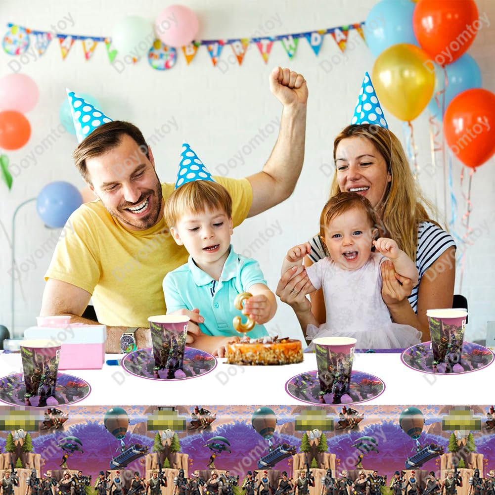 80PCS Ensemble Vaisselle Fête Kit Fortnit-e, Decoration Anniversaire Avec Assiette Nappe Ballon Bannière D'Anniversaire, Kit De Fête Anniversaire Pour 10 Invités