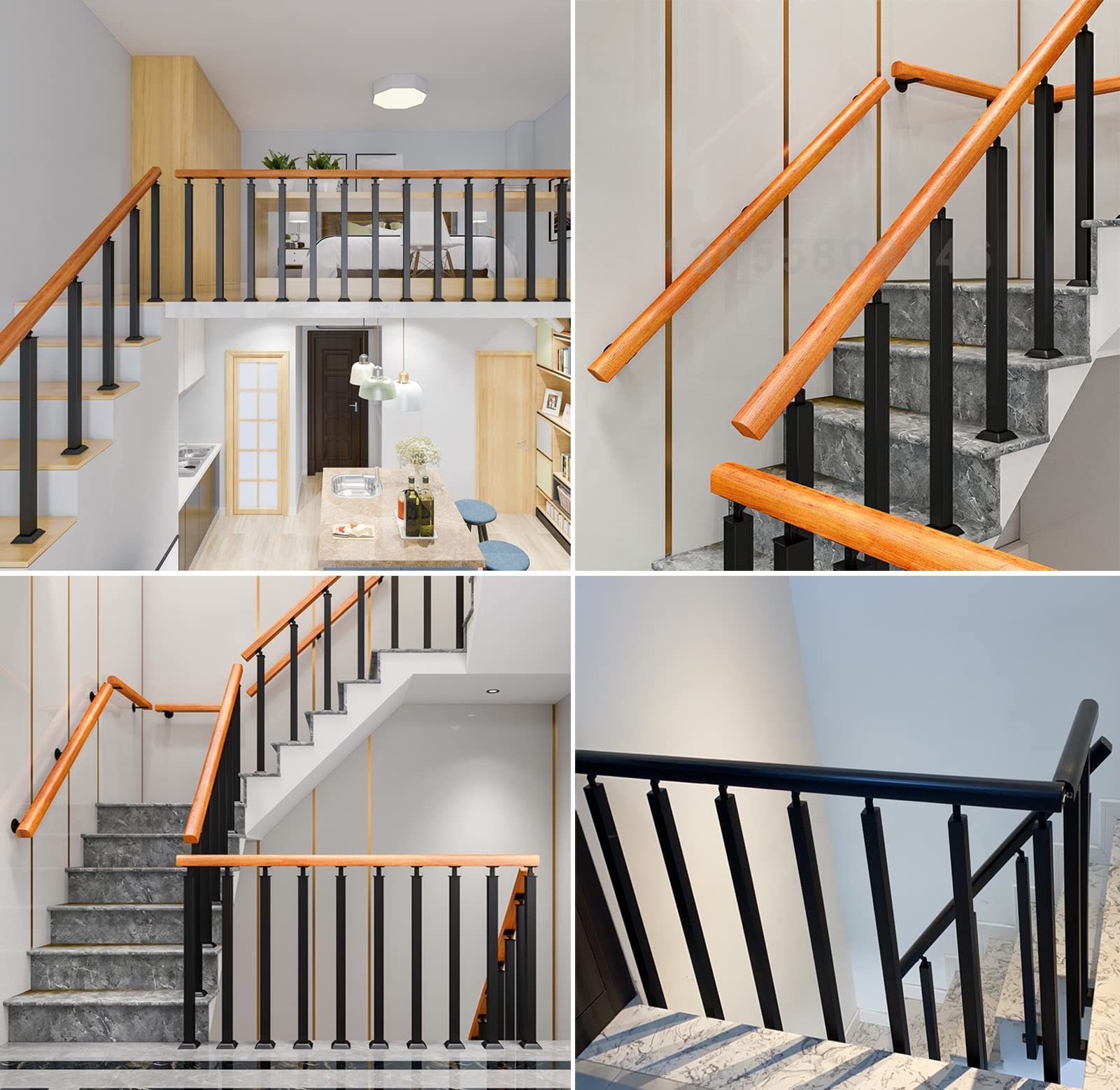 Zestaw czarnych metalowych tralek schodowych – 2 szt. kwadratowych balustrad 95 cm ze złączami i butami, trwała osłona wrzeciona bezpieczeństwa do pokładów wewnętrznych, solidna i stylowa konstrukcja