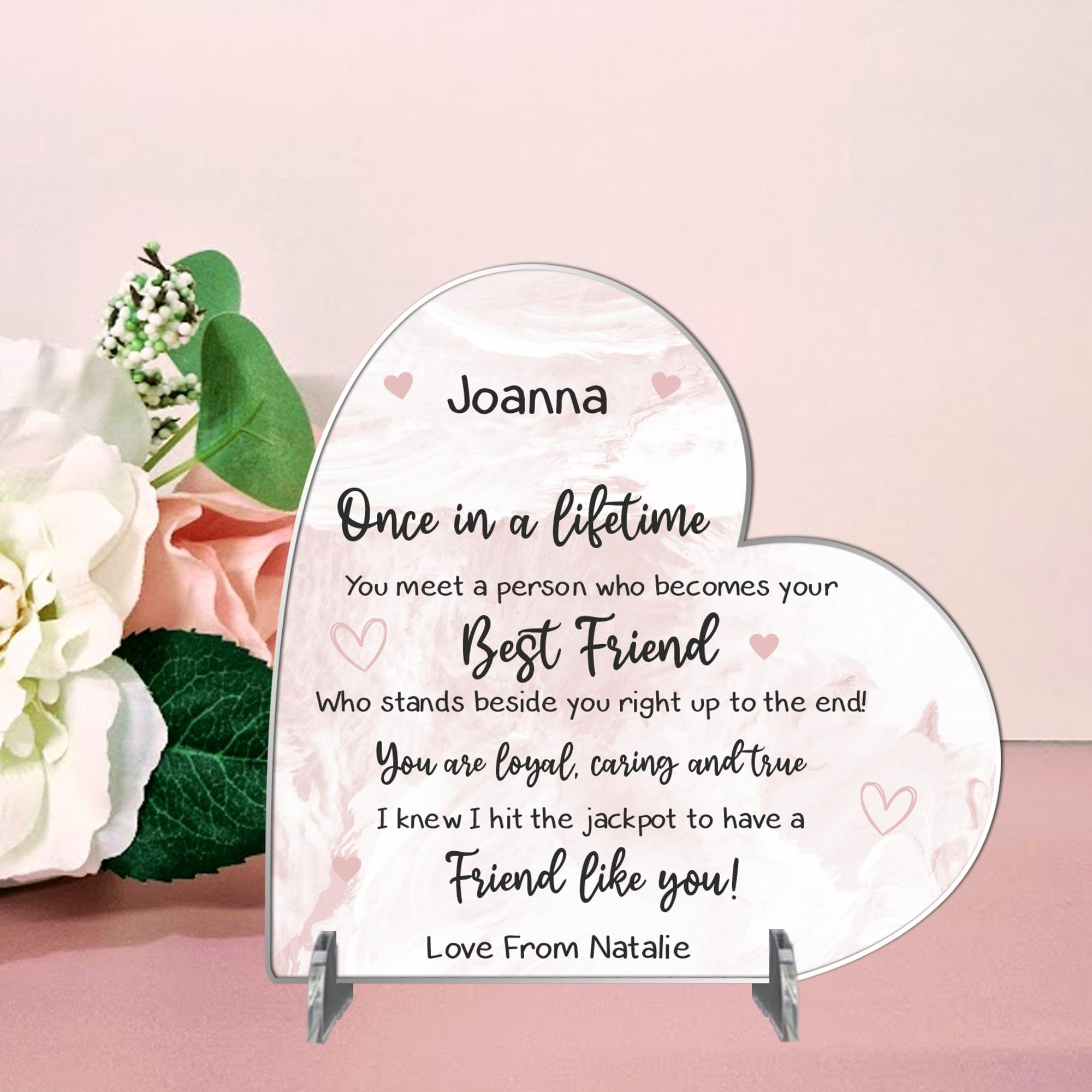 Friendship Personalised Heart Freestanding Plaque for Best Friends, Birthdays, Gift for Friends, Besties, Sentimental Quote Keepsake Sign (Pink, Acrylic - Medium - 135mm x 130mm)