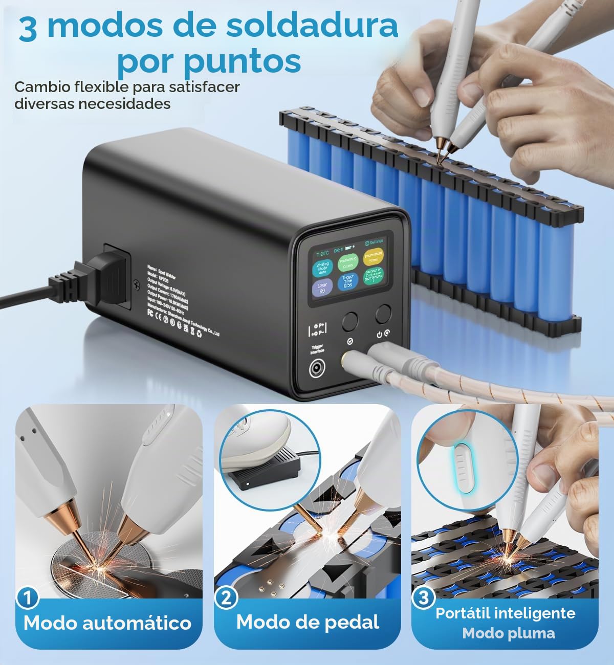 Soldador de puntos con batería, AWithZ 10,5kW con condensador Farad, soporta soldadura de níquel puro/níquel chapas, para 18650, batería de litio LiFePO4 (UF20B) (Aleación de aluminio)