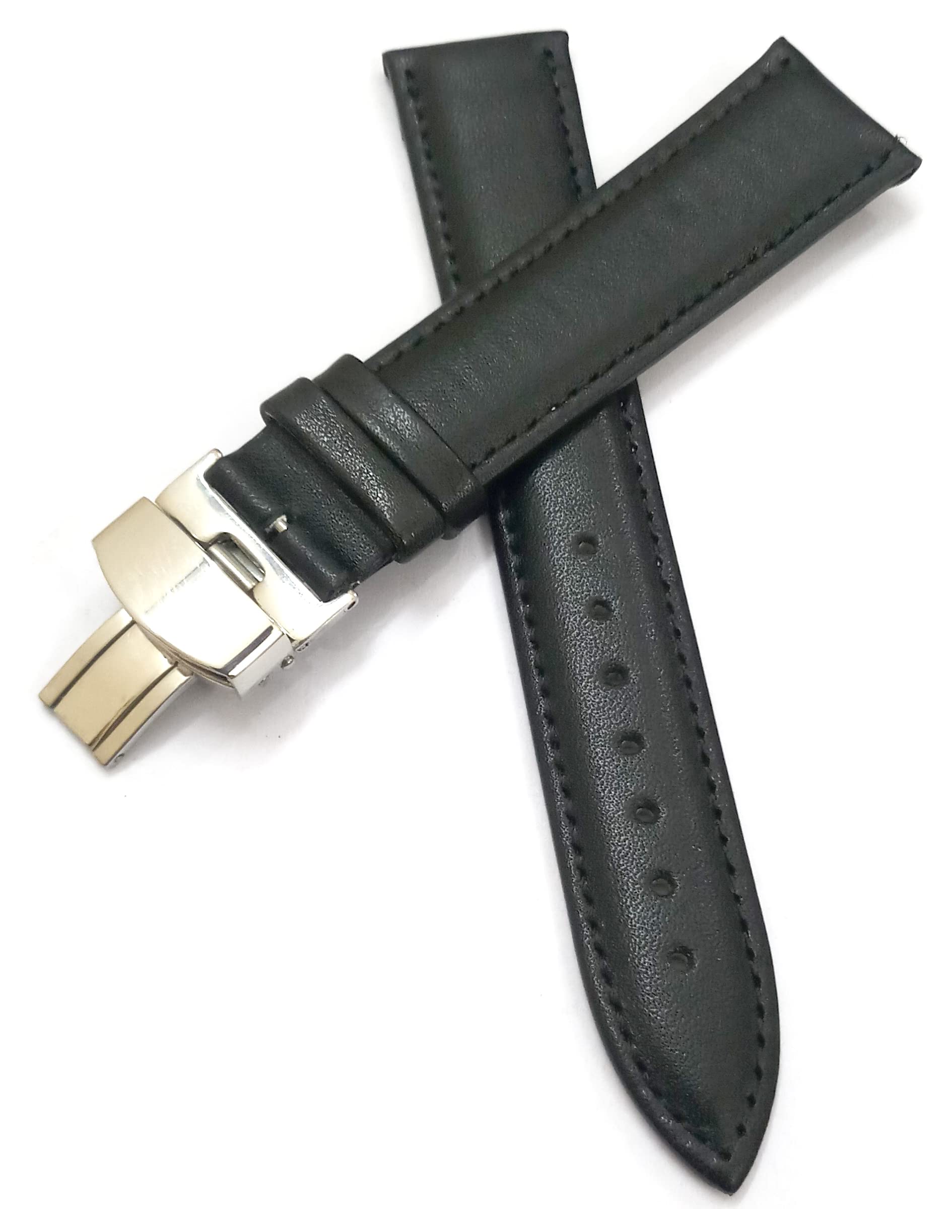 Ewatchaccessories 24mm Genuine Leather Black Watch Band Strap for Men and Women | Comfortable and Durable Material | Deployment Silver Buckle-A4 (B0B7R7XWGD) Amazon Price History, Amazon Price Tracker