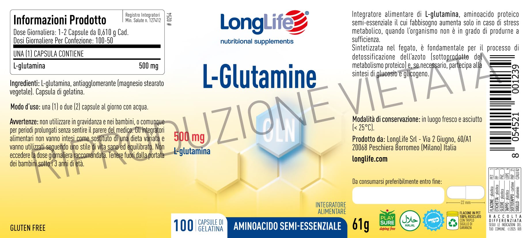 LongLife® L-Glutamine | 500 mg | Aminoacido semi-essenziale | Turnover proteico | Supporto muscolare | Alta purezza e qualità | 100 capsule di gelatina | Senza glutine e doping free