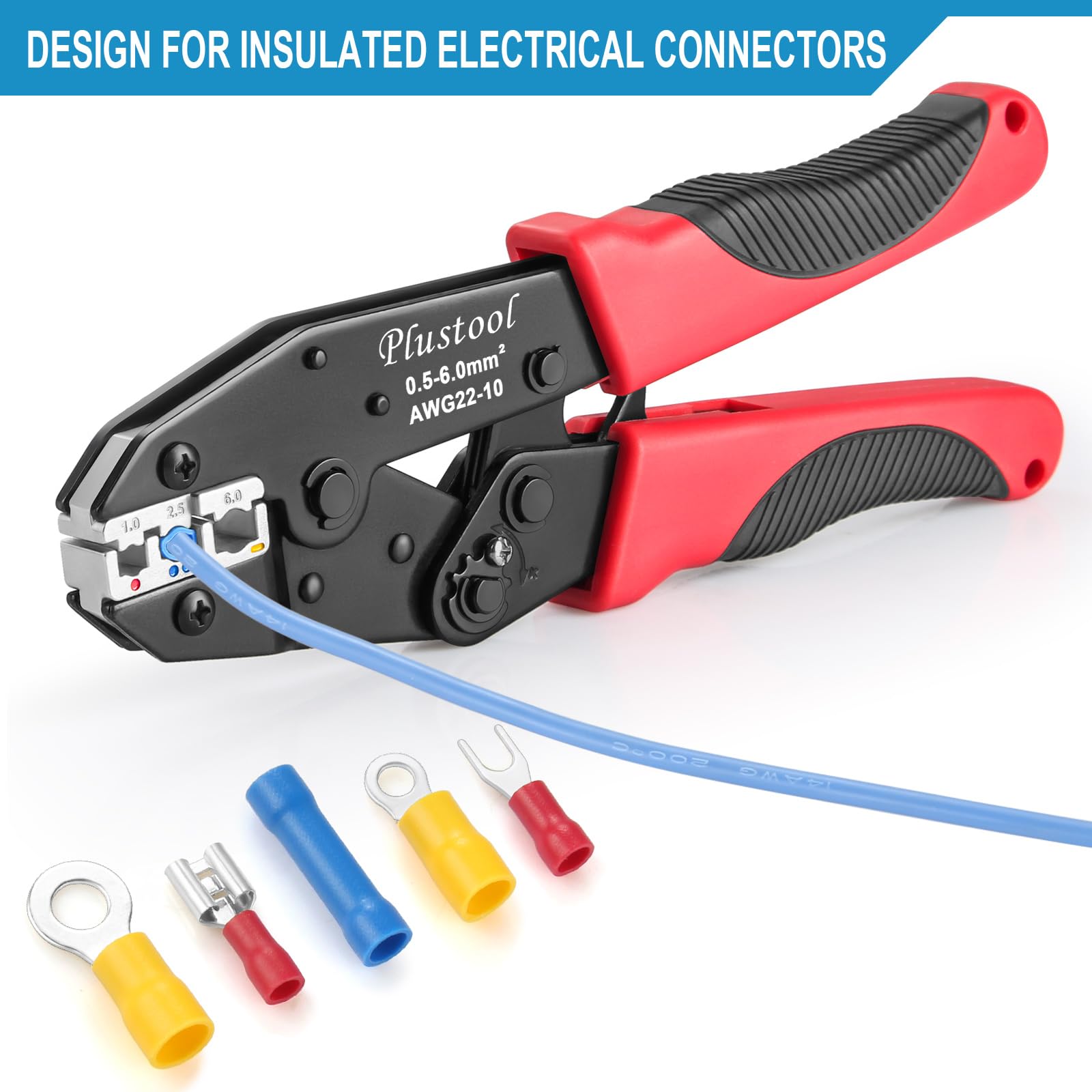 Plustool Herramienta de prensado para conectores eléctricos aislados AWG 22-10 - Crimpadora de terminales de alambre de carraca - Alicates de prensado - Herramienta de crimpado eléctrico - Herramienta