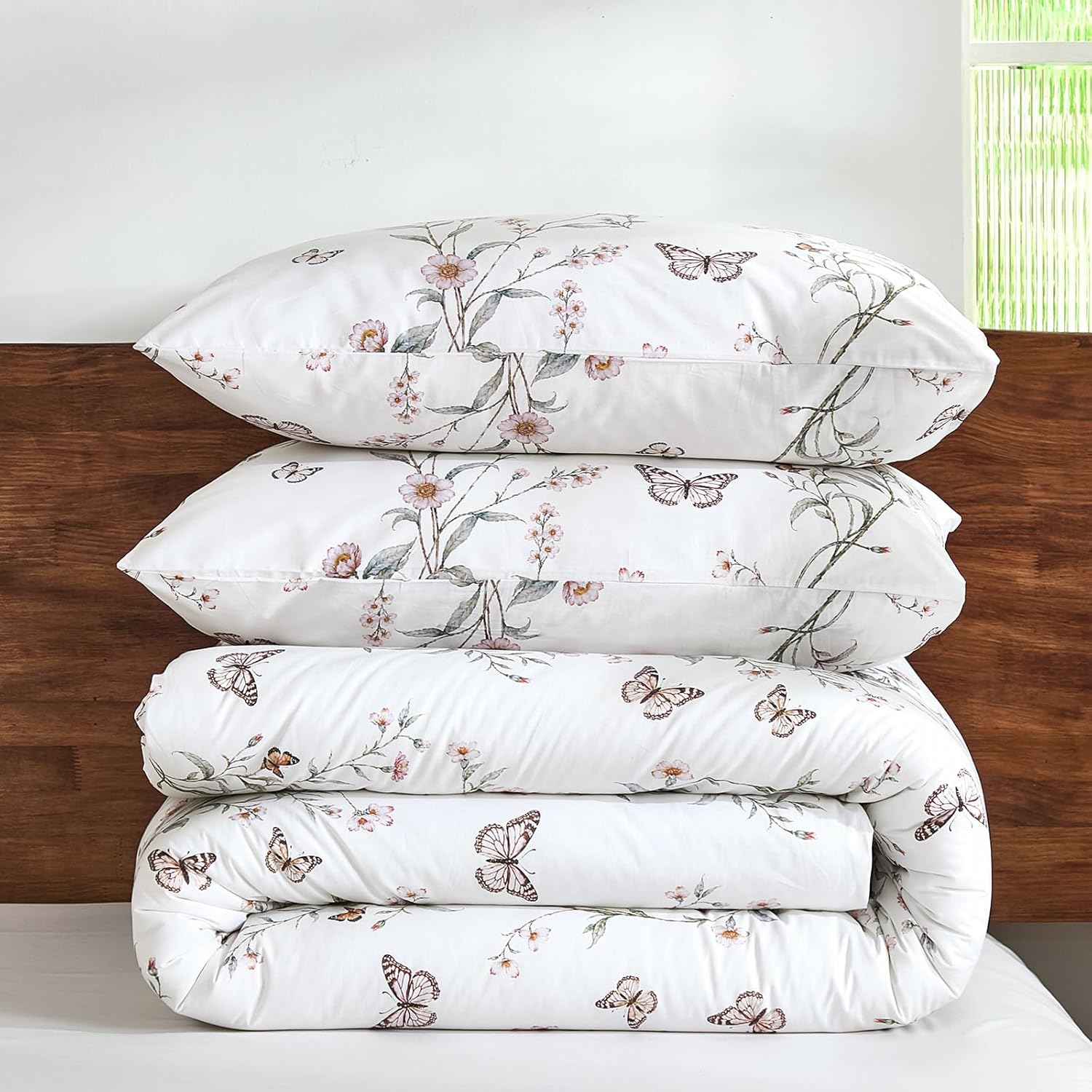 Bedorm Vintage Floral Comforter Set 100% Cotton King Bedding Set Green Leaf Flower Butterfly French Country Bedding 3 Pcs Extra Soft & Breathable Bed Comforter - Image 9