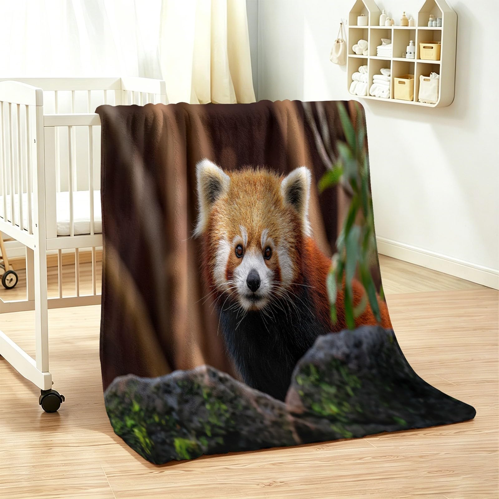 Koc polarowy, brązowy, zwierzę, na wszystkie pory roku, miękki, przytulny, pluszowy, flanelowy, czerwona panda, skały, fotografia, nie mechaci się, odporny na blaknięcie, dla najemców, mieszkańców