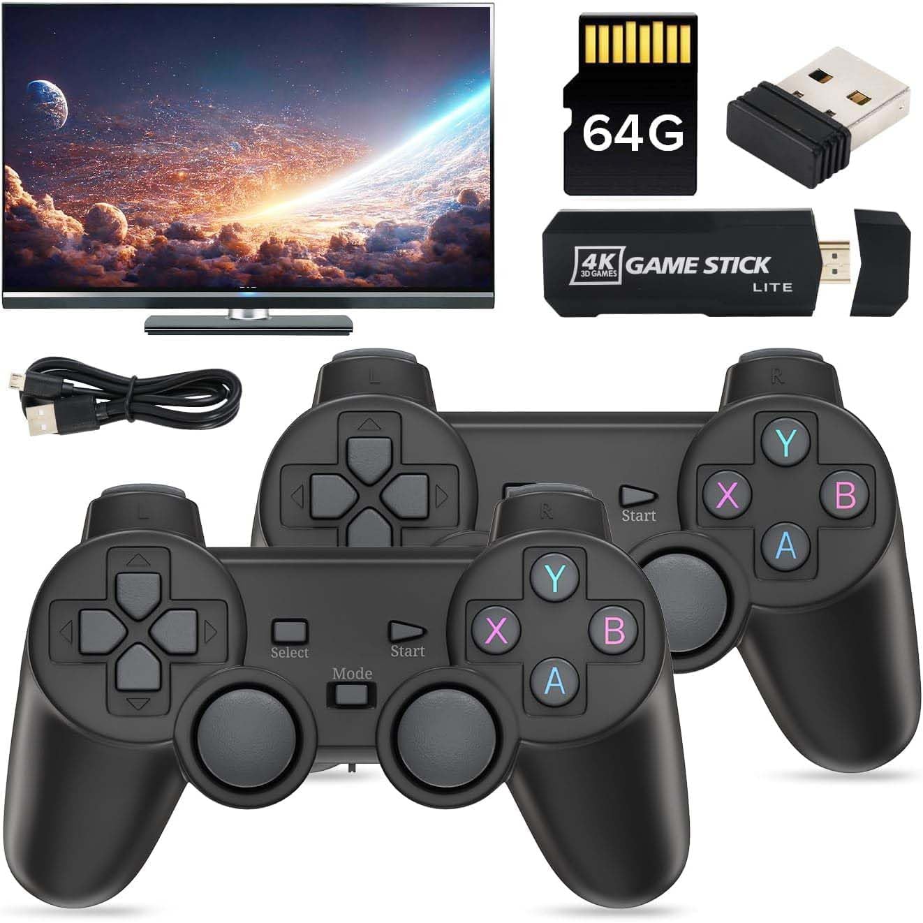 Pretocter Wireless Video Game Console, Built-in 20000+ Games Retro Game Console with 64G Card Dual 2.4G Wireless Controller Wireless Game Stick 4K HDMI Plug and Play for TV/PC, 64G Video Game Console