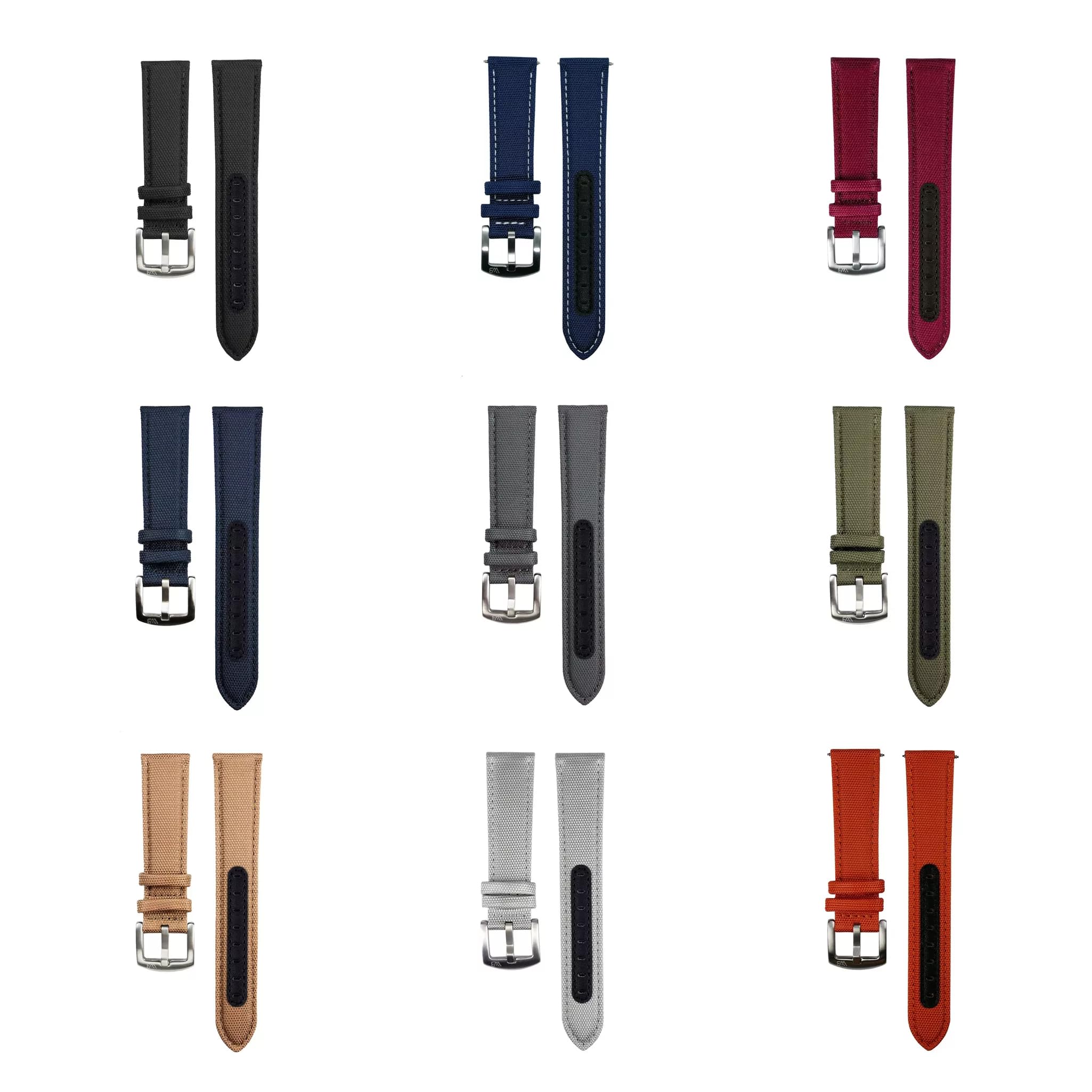 Premium Segeltuch-Uhrenarmband | 10 Farben - 18, 19, 20, 21, 22 mm - Schließe: Silber Gebürstet | Cordura, Leder | Ersatz-Armband