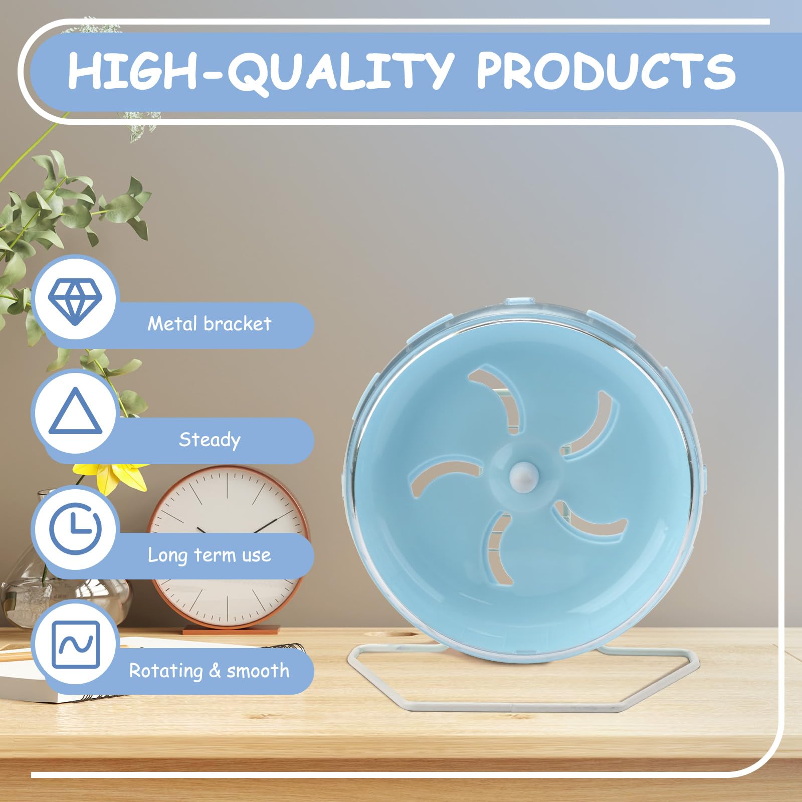 Roue silencieuse pour hamster bleue de 21,3 cm avec support réglable en hauteur, roues d'exercice silencieuses pour hamster, chinchilla, jouets de course pour petits animaux, accessoires de cage pour