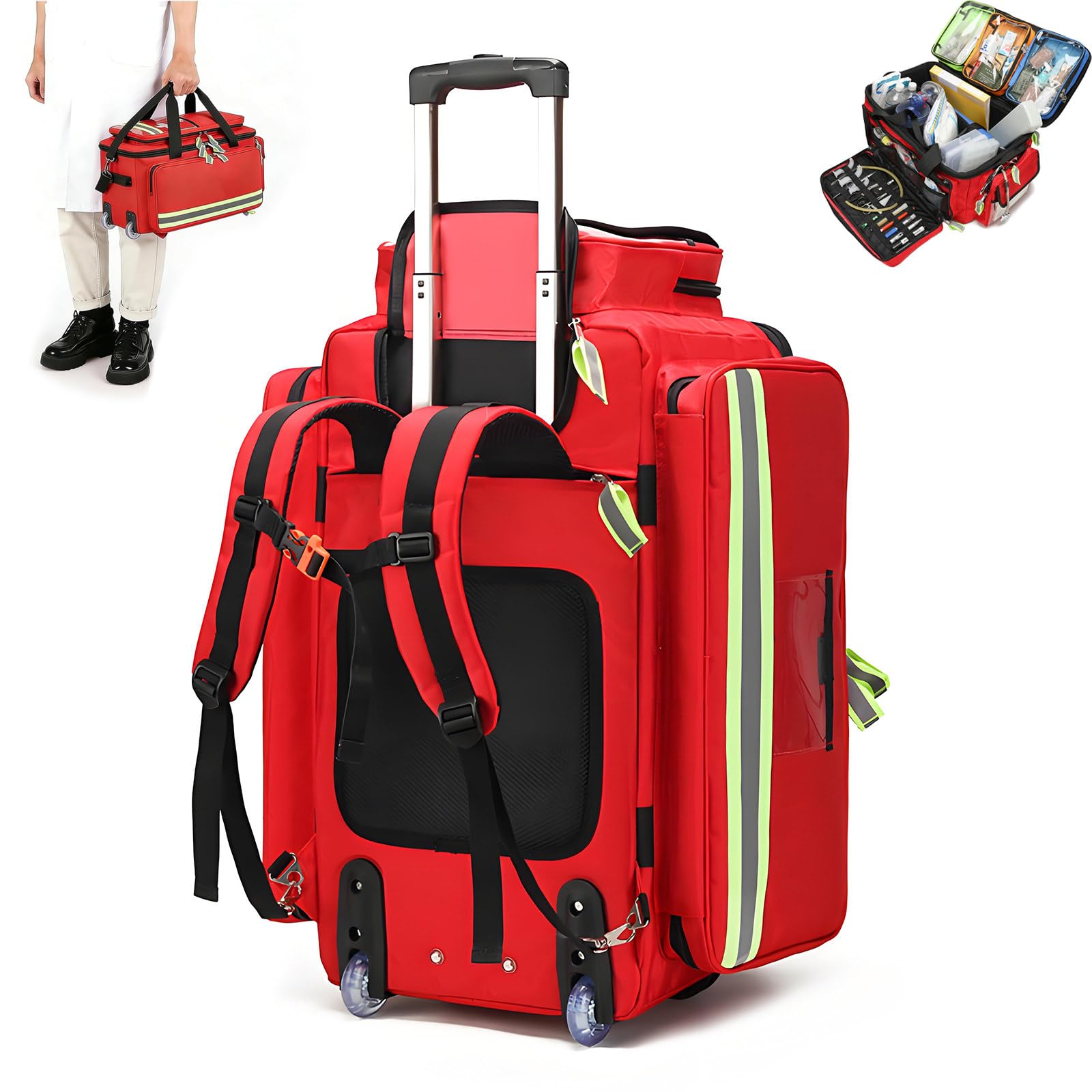 ROGHA Rolling Medical Bag with Wheels,First Aid Kit Bag,Detachable Pull-Rod Emergency Box,with Compartments and Reflective Strips,for EMT,EMS,Home Health Nurses,Doctors Red