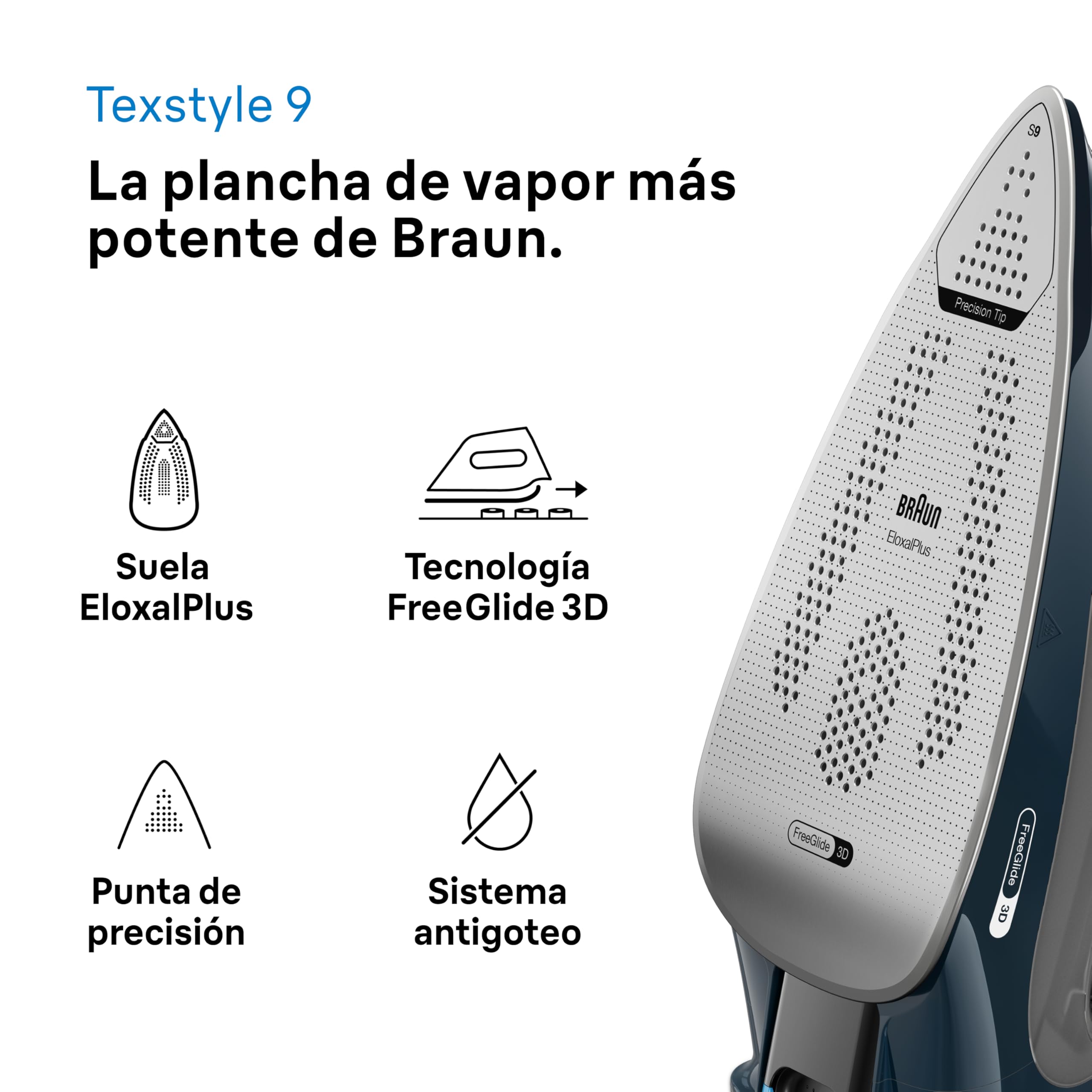 Braun TexStyle 9 SI9682 DB - Plancha de vapor con tecnología FreeGlide 3D, vapor vertical, función antigoteo, función de autolimpieza, orificio de llenado de 330 ml, 260 g/min, 3200 W, azul oscuro